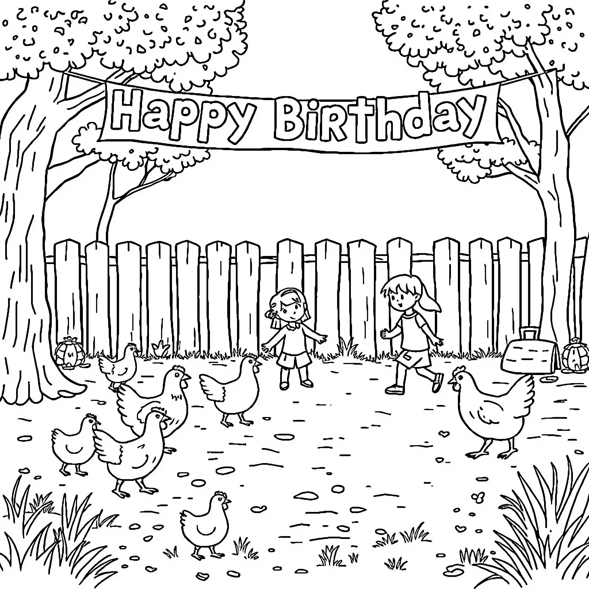 Chicken farm birthday celebration Coloring Page (free black-and-white line drawing printable PDF for all, from beginners to advanced learners, including children, teens, adults, and seniors)