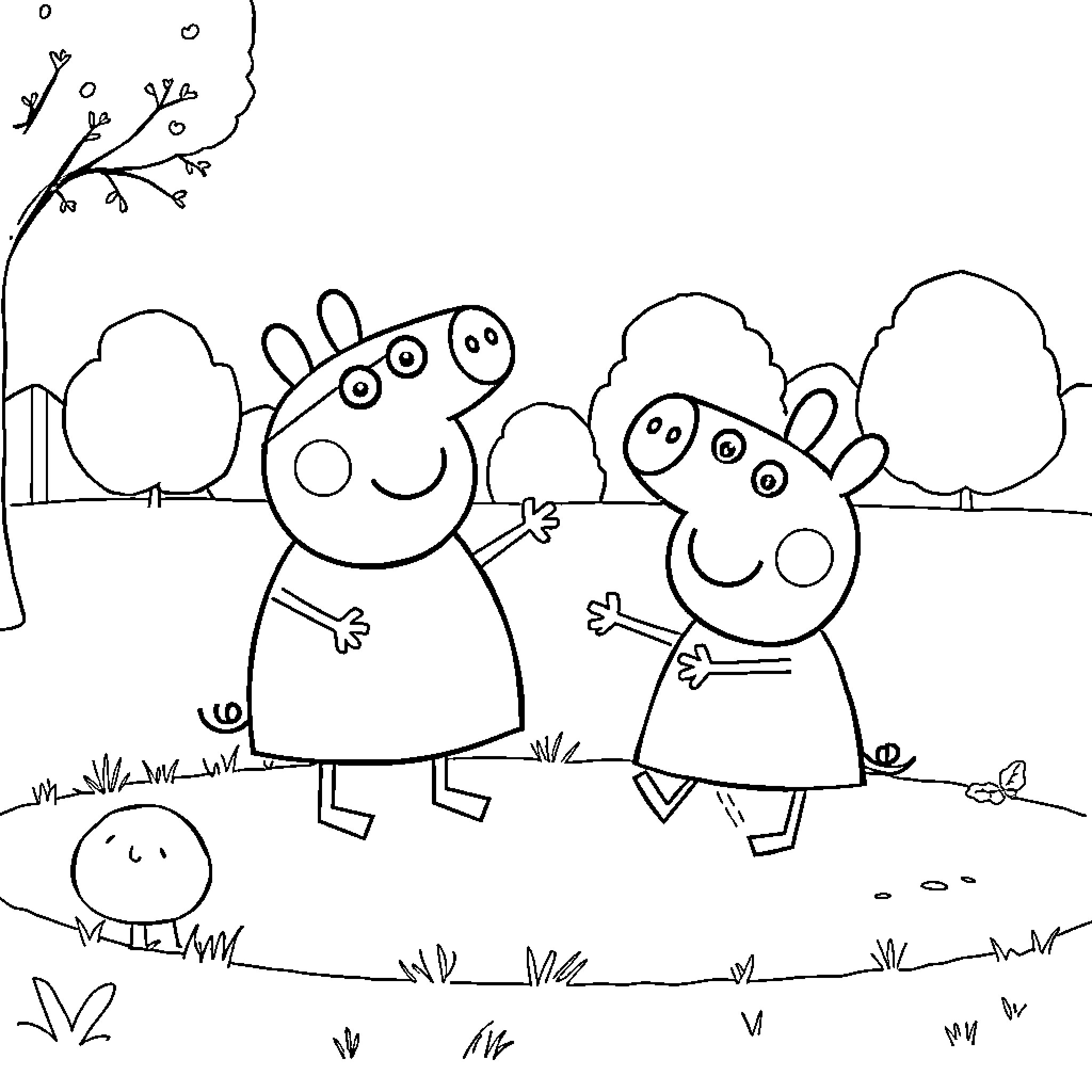 Peppa Pig and friend exploring the outdoors Coloring Page (free black-and-white line drawing printable PDF for all, from beginners to advanced learners, including children, teens, adults, and seniors)