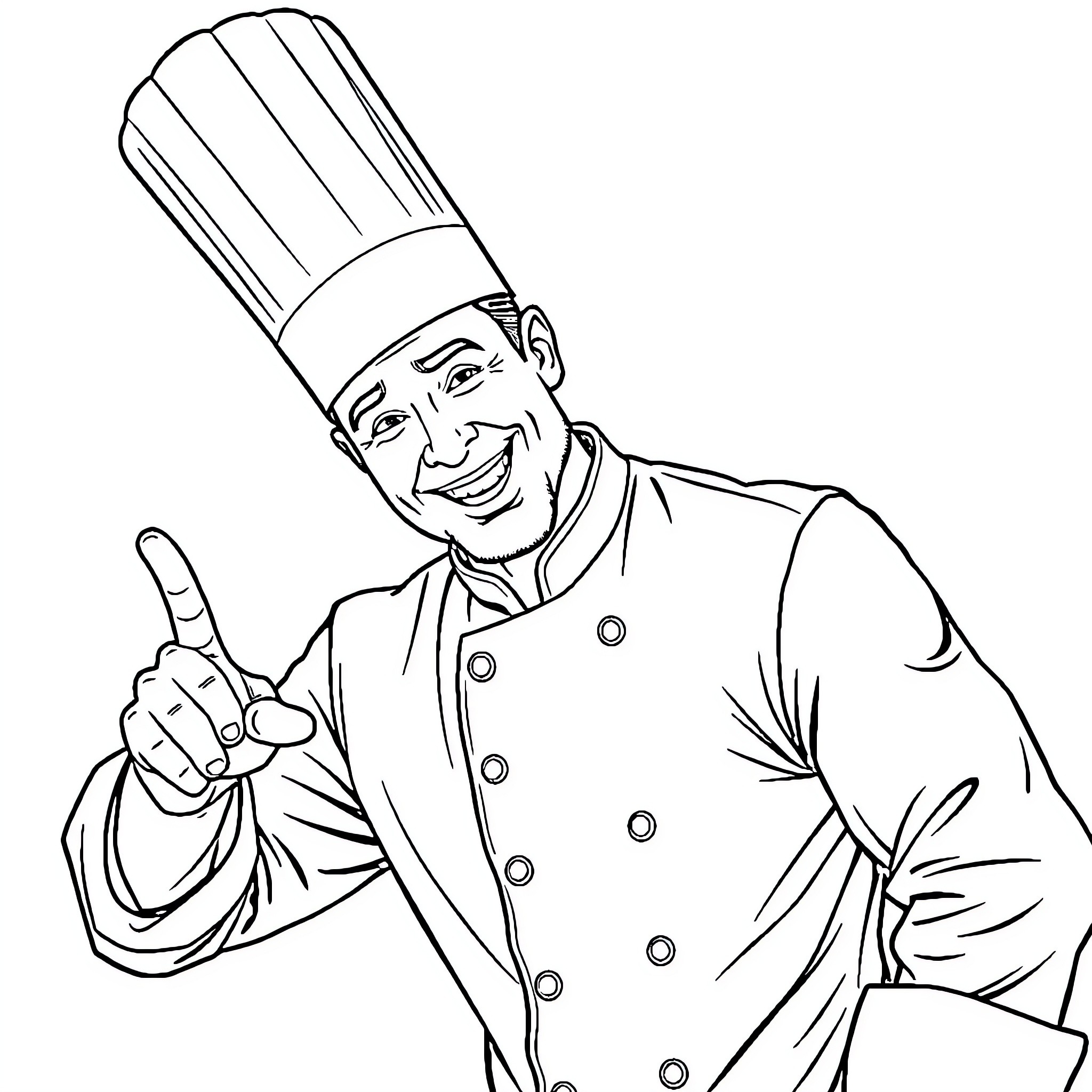 Chef gesturing enthusiastically in uniform Coloring Page (free black-and-white line drawing printable PDF for all, from beginners to advanced learners, including children, teens, adults, and seniors)
