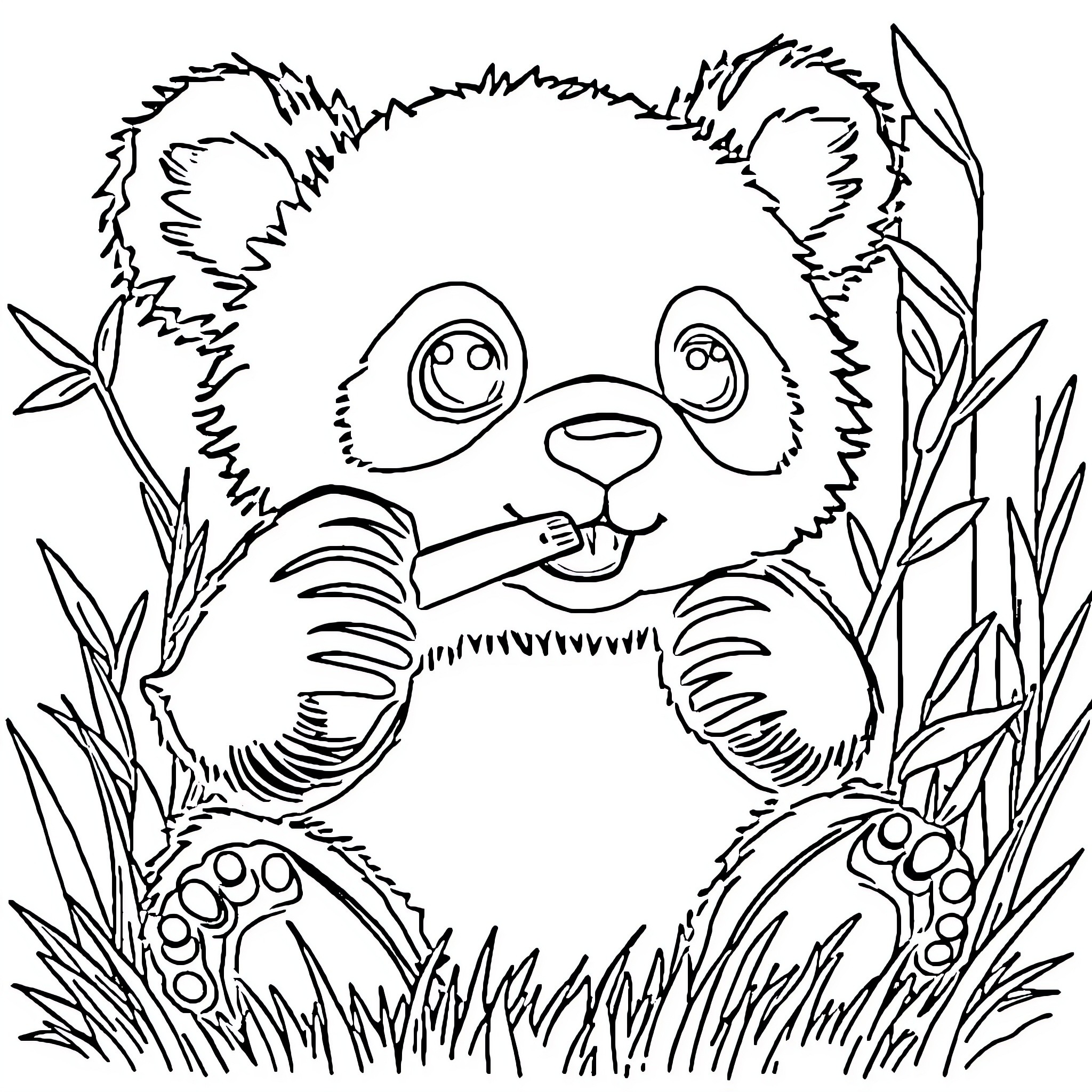 Panda enjoying a tasty bamboo shoot in the grass Coloring Page (free black-and-white line drawing printable PDF for all, from beginners to advanced learners, including children, teens, adults, and seniors)