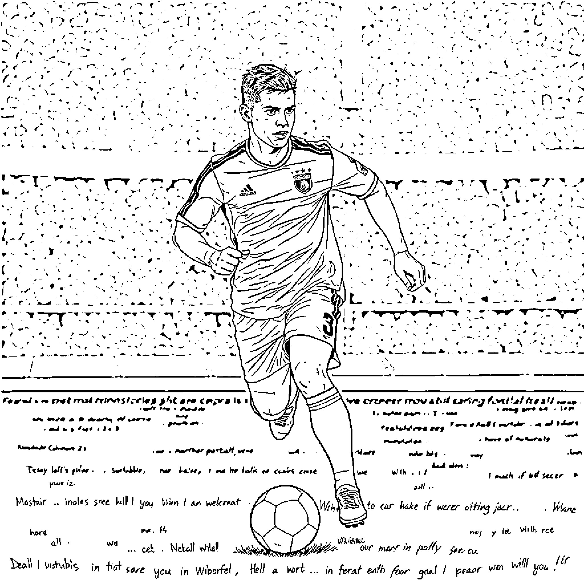 Ronaldo in intense soccer match action Coloring Page (free black-and-white line drawing printable PDF for all, from beginners to advanced learners, including children, teens, adults, and seniors)