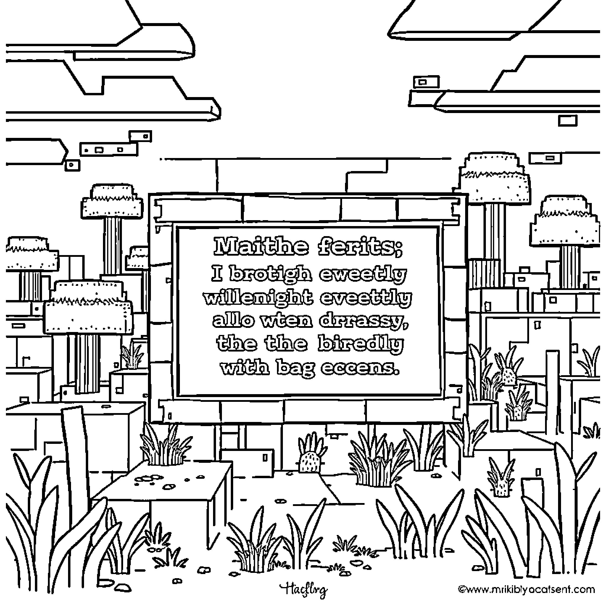 Minecraft characters explore a whimsical landscape Coloring Page (free black-and-white line drawing printable PDF for all, from beginners to advanced learners, including children, teens, adults, and seniors)