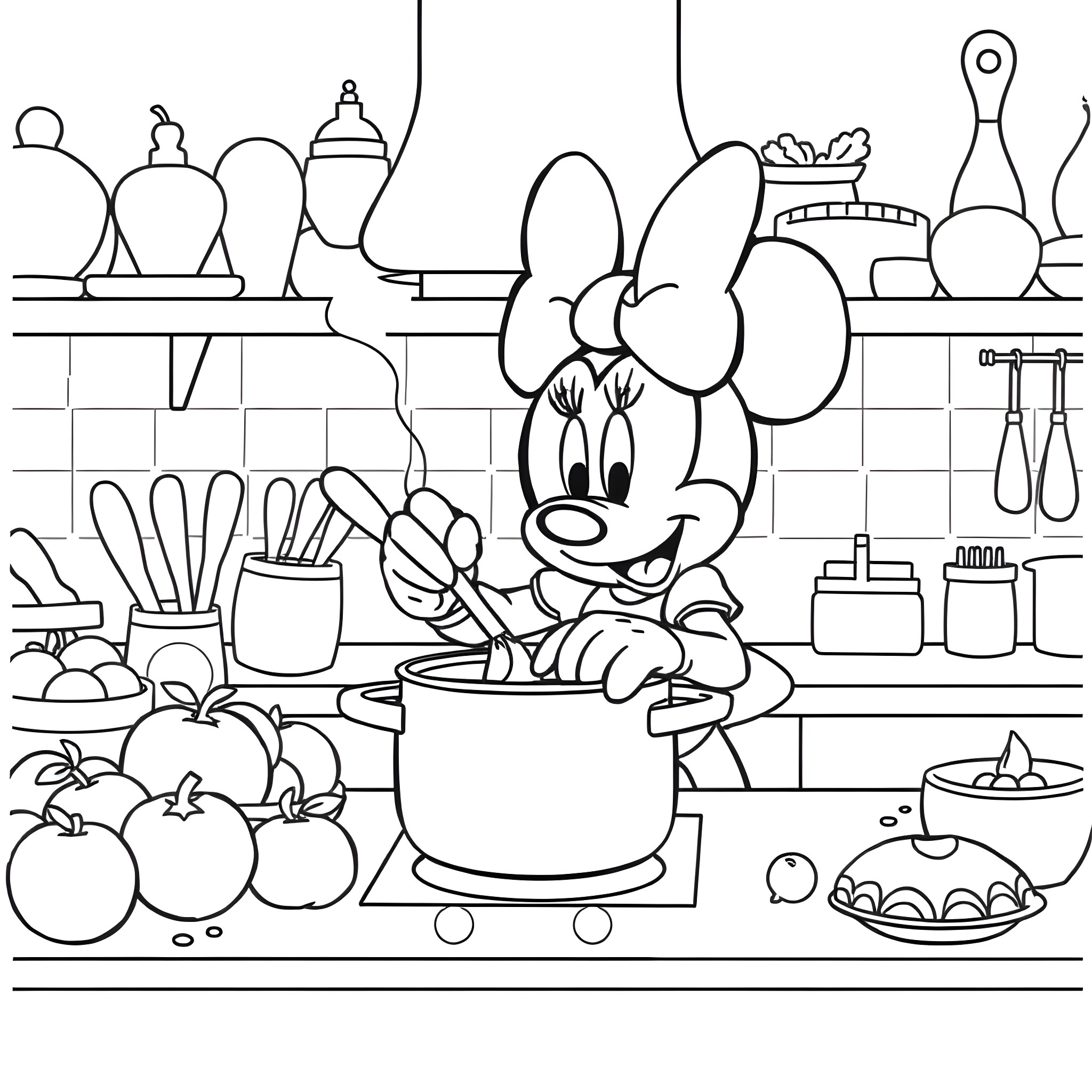 Minnie Mouse cooking in the kitchen Coloring Page (free black-and-white line drawing printable PDF for all, from beginners to advanced learners, including children, teens, adults, and seniors)