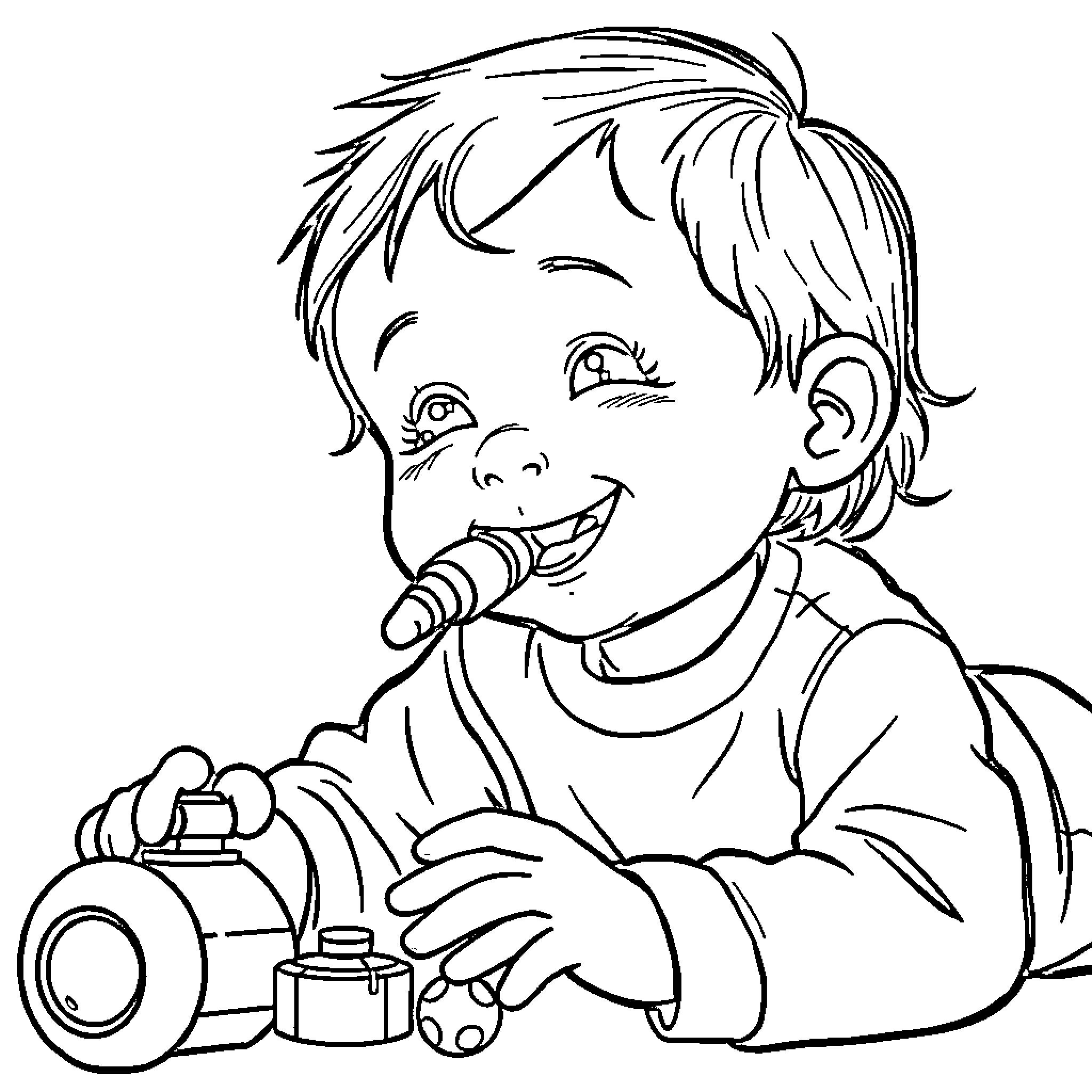 Child playing happily with toy camera Coloring Page (free black-and-white line drawing printable PDF for all, from beginners to advanced learners, including children, teens, adults, and seniors)