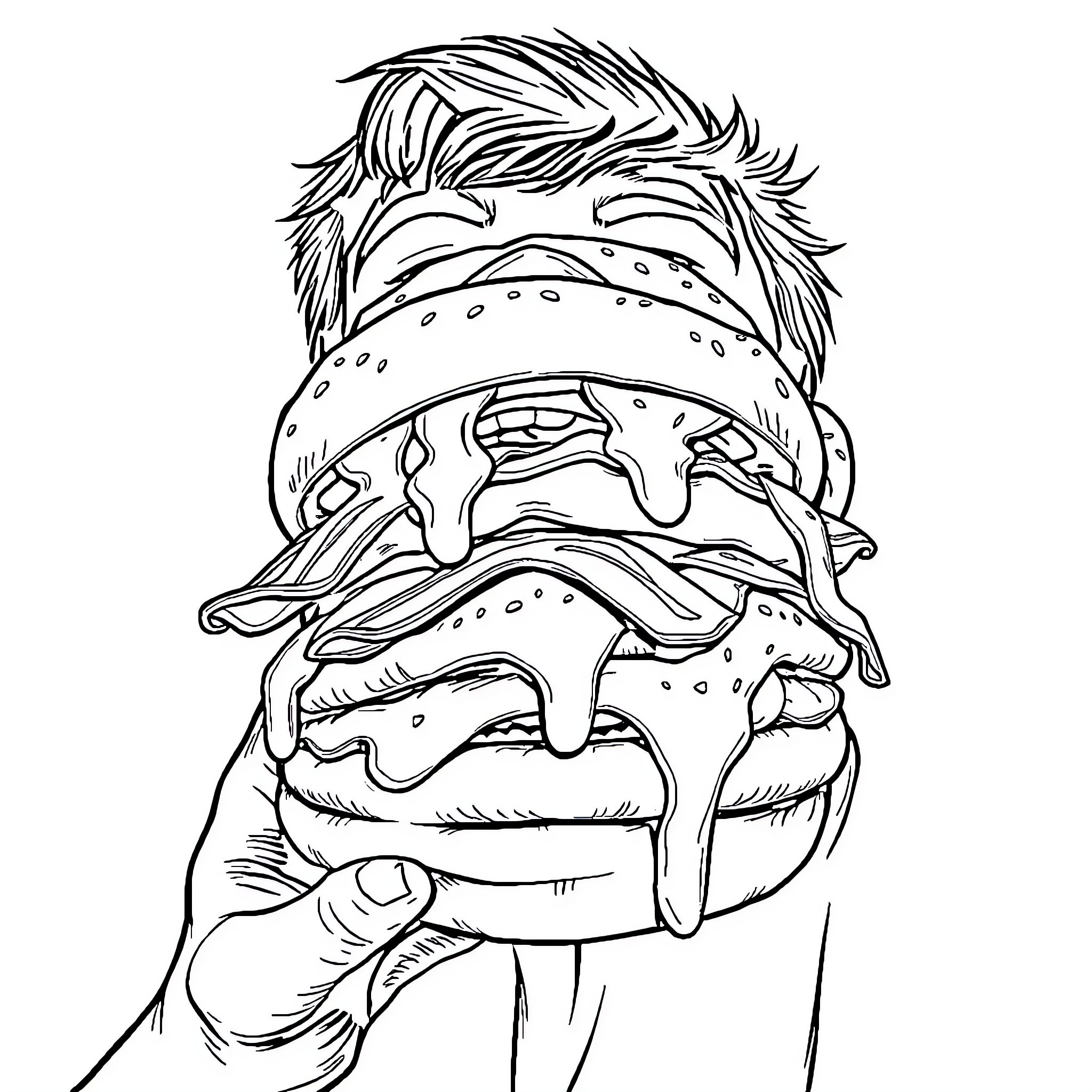 Cheeseburger being devoured with enthusiasm Coloring Page (free black-and-white line drawing printable PDF for all, from beginners to advanced learners, including children, teens, adults, and seniors)