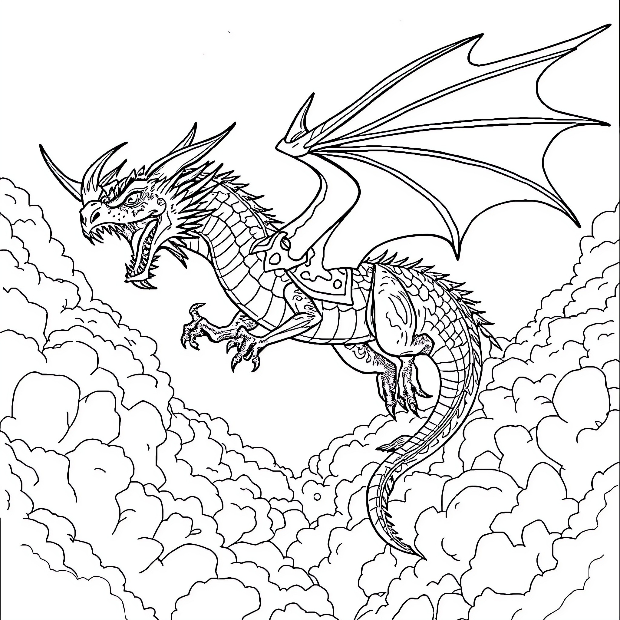 Dragon soaring powerfully through the clouds Coloring Page (free black-and-white line drawing printable PDF for all, from beginners to advanced learners, including children, teens, adults, and seniors)