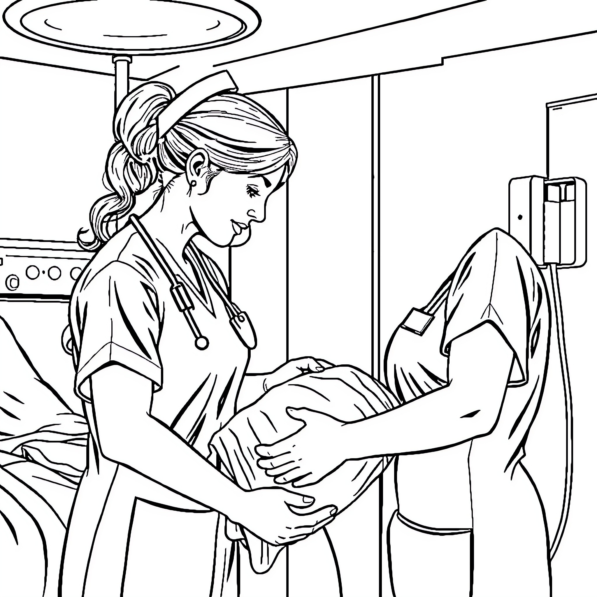 Nurse providing care to patient Coloring Page (free black-and-white line drawing printable PDF for all, from beginners to advanced learners, including children, teens, adults, and seniors)