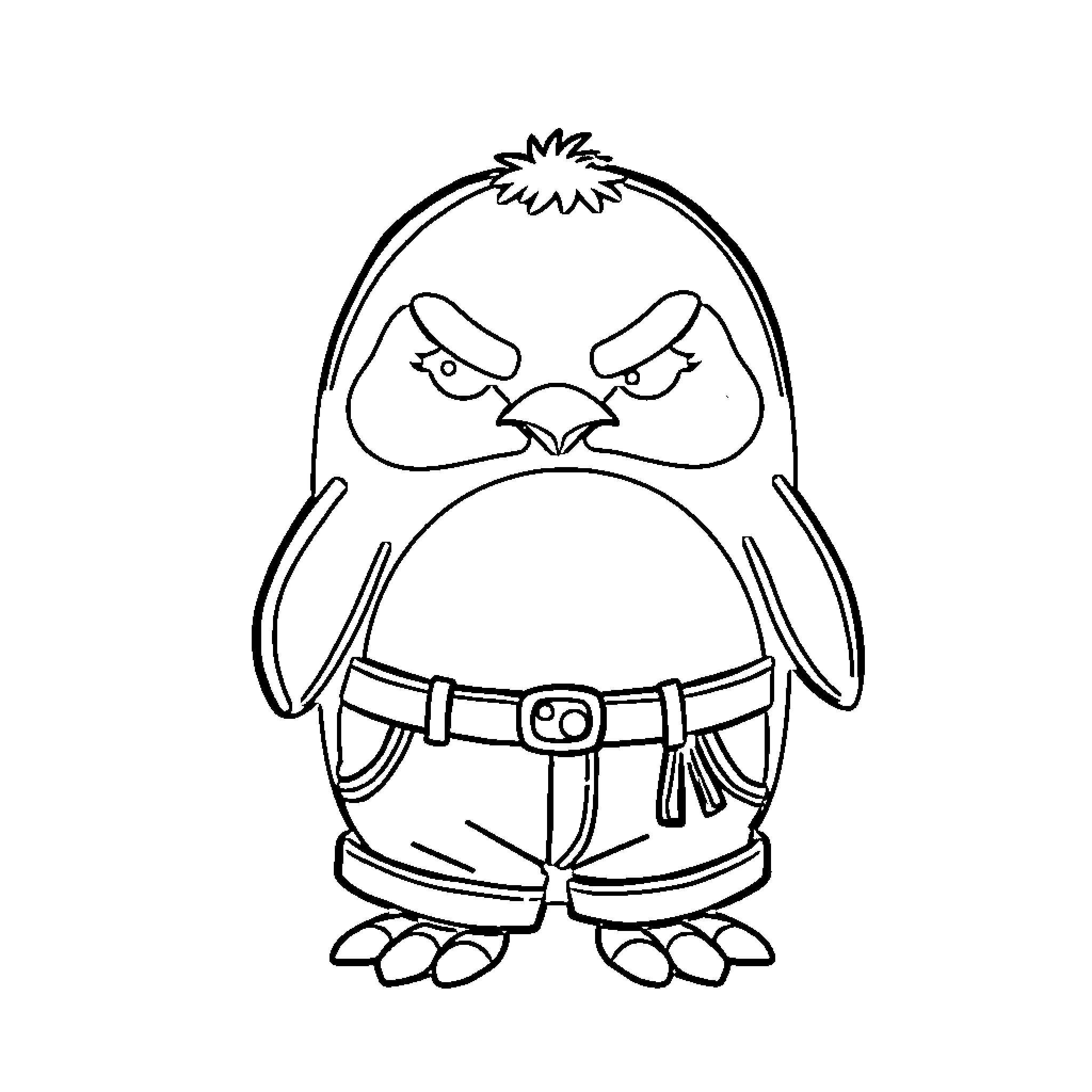 Penguin with Angry Expression and Outfit Coloring Page (free black-and-white line drawing printable PDF for all, from beginners to advanced learners, including children, teens, adults, and seniors)