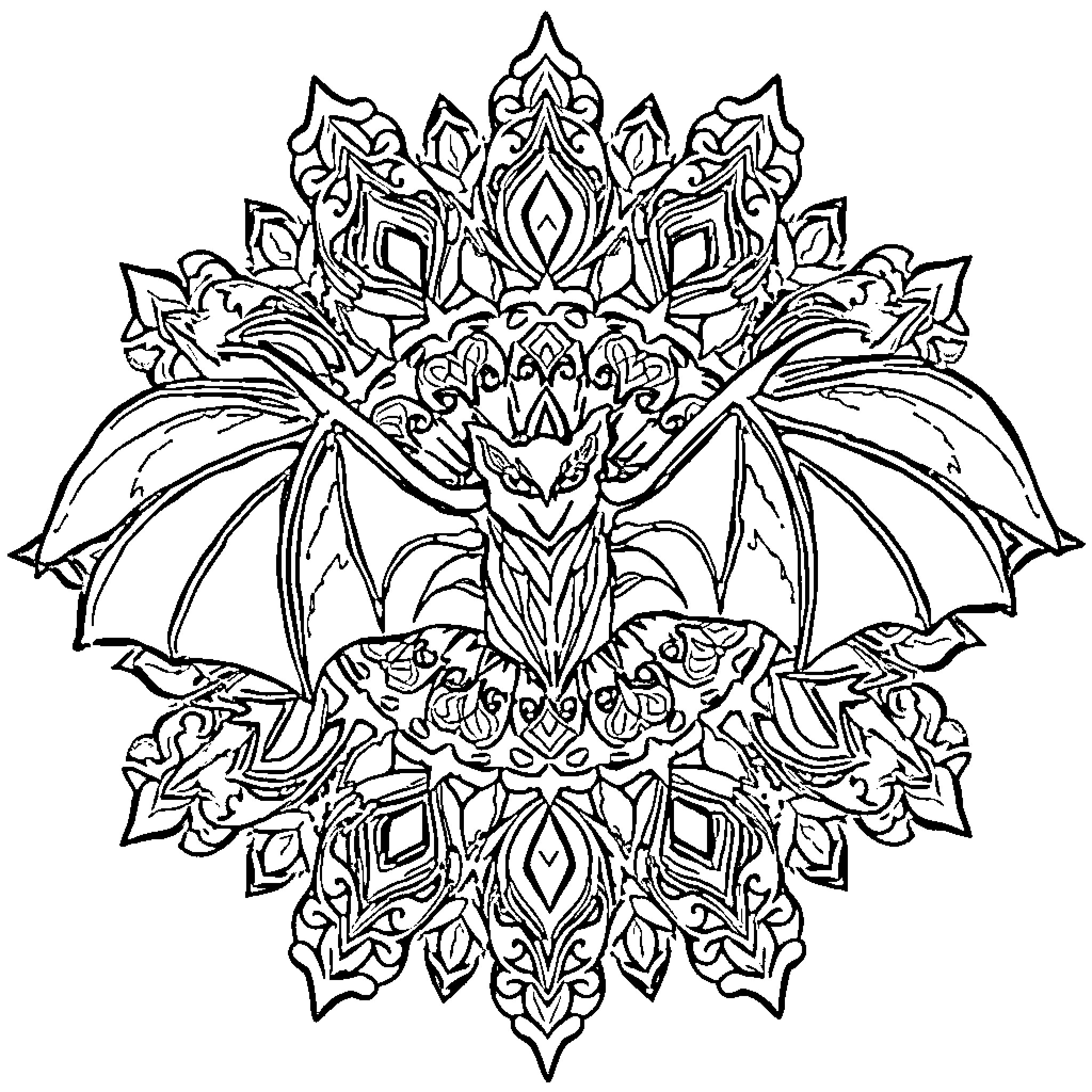 Bat with intricate, ornate wings Coloring Page (free black-and-white line drawing printable PDF for all, from beginners to advanced learners, including children, teens, adults, and seniors)