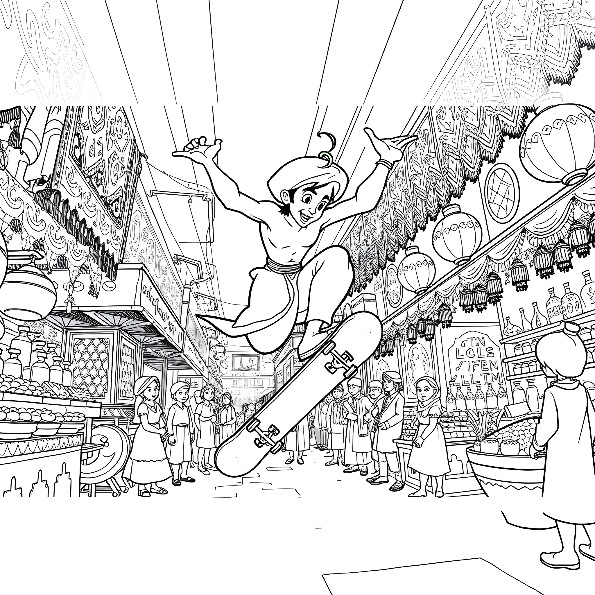 Aladdin soaring through the vibrant marketplace Coloring Page (free black-and-white line drawing printable PDF for all, from beginners to advanced learners, including children, teens, adults, and seniors)