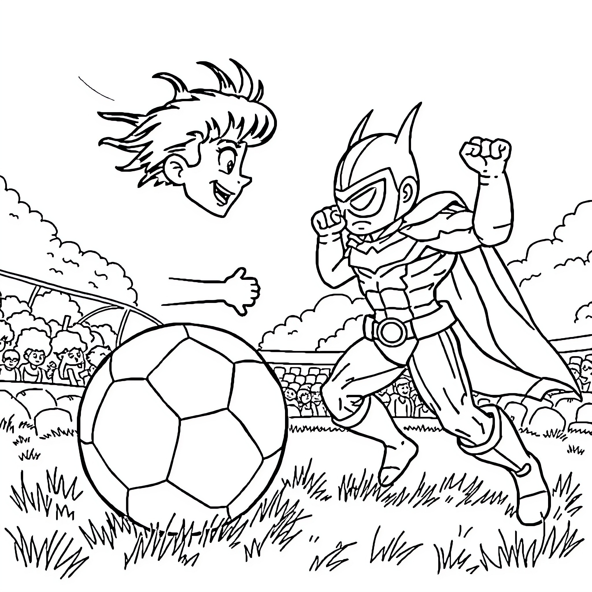 Countryball soccer match on the field Coloring Page (free black-and-white line drawing printable PDF for all, from beginners to advanced learners, including children, teens, adults, and seniors)