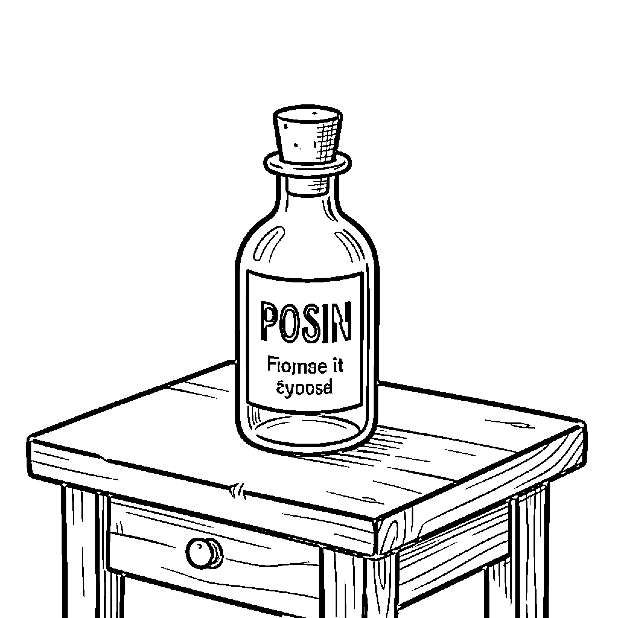 Poison bottle sitting on a small wooden table Coloring Page (free black-and-white line drawing printable PDF for all, from beginners to advanced learners, including children, teens, adults, and seniors)