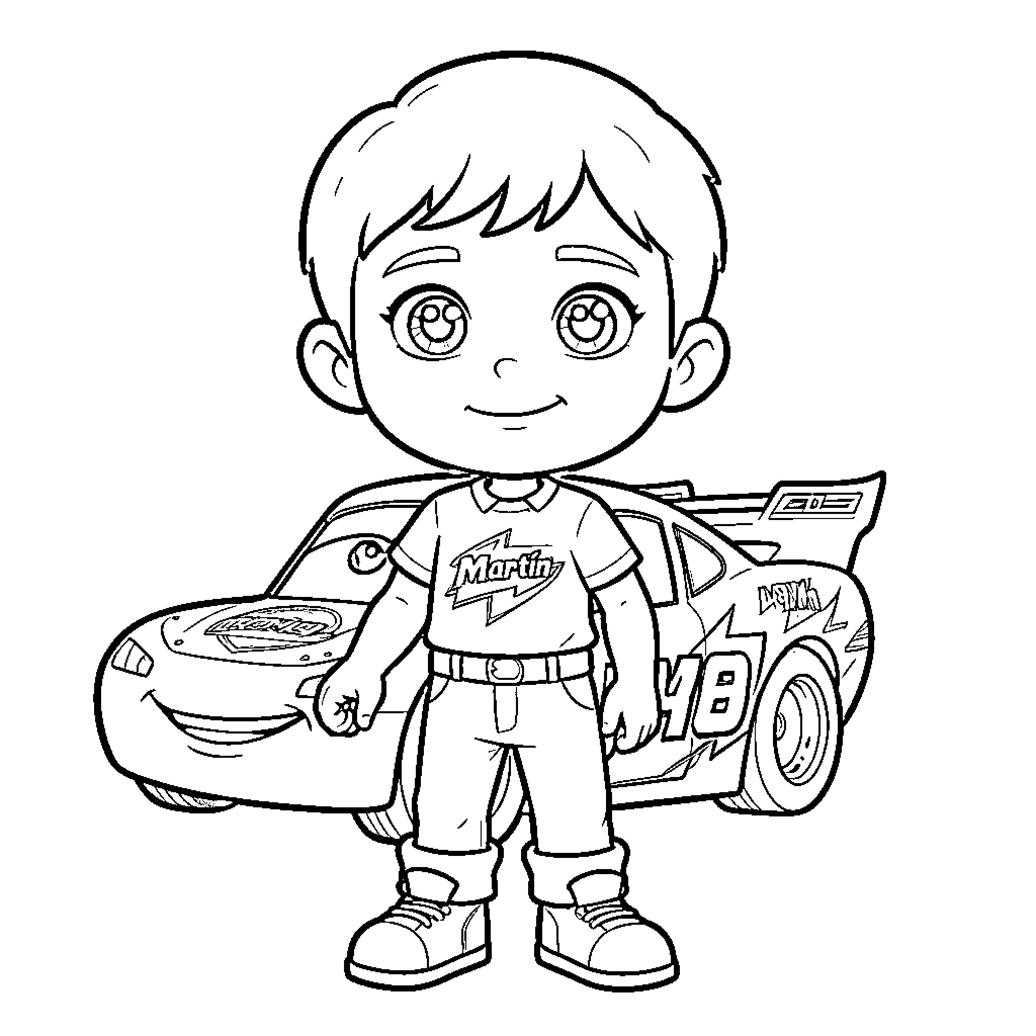 Martin's Automotive Adventure Coloring Page (free black-and-white line drawing printable PDF for all, from beginners to advanced learners, including children, teens, adults, and seniors)