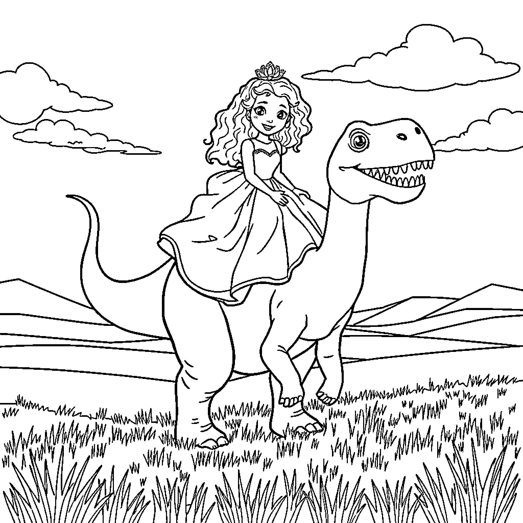 Princess riding a friendly dinosaur in the meadow Coloring Page (free black-and-white line drawing printable PDF for all, from beginners to advanced learners, including children, teens, adults, and seniors)