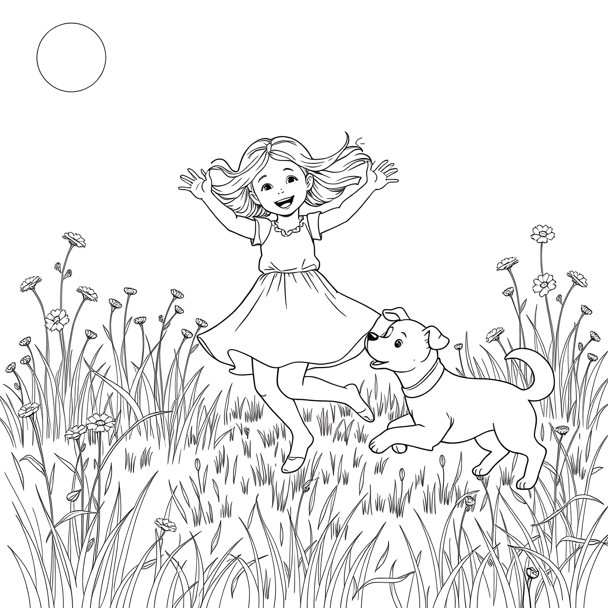 Girl playing happily with her dog in the meadow Coloring Page (free black-and-white line drawing printable PDF for all, from beginners to advanced learners, including children, teens, adults, and seniors)