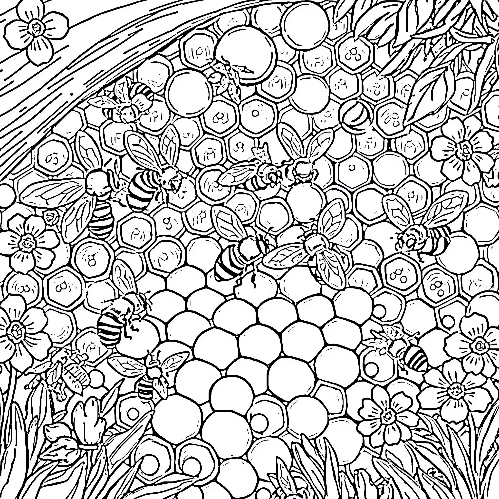 Bee-utiful Hive: A Blossoming Honeycomb Scene Coloring Page (free black-and-white line drawing printable PDF for all, from beginners to advanced learners, including children, teens, adults, and seniors)