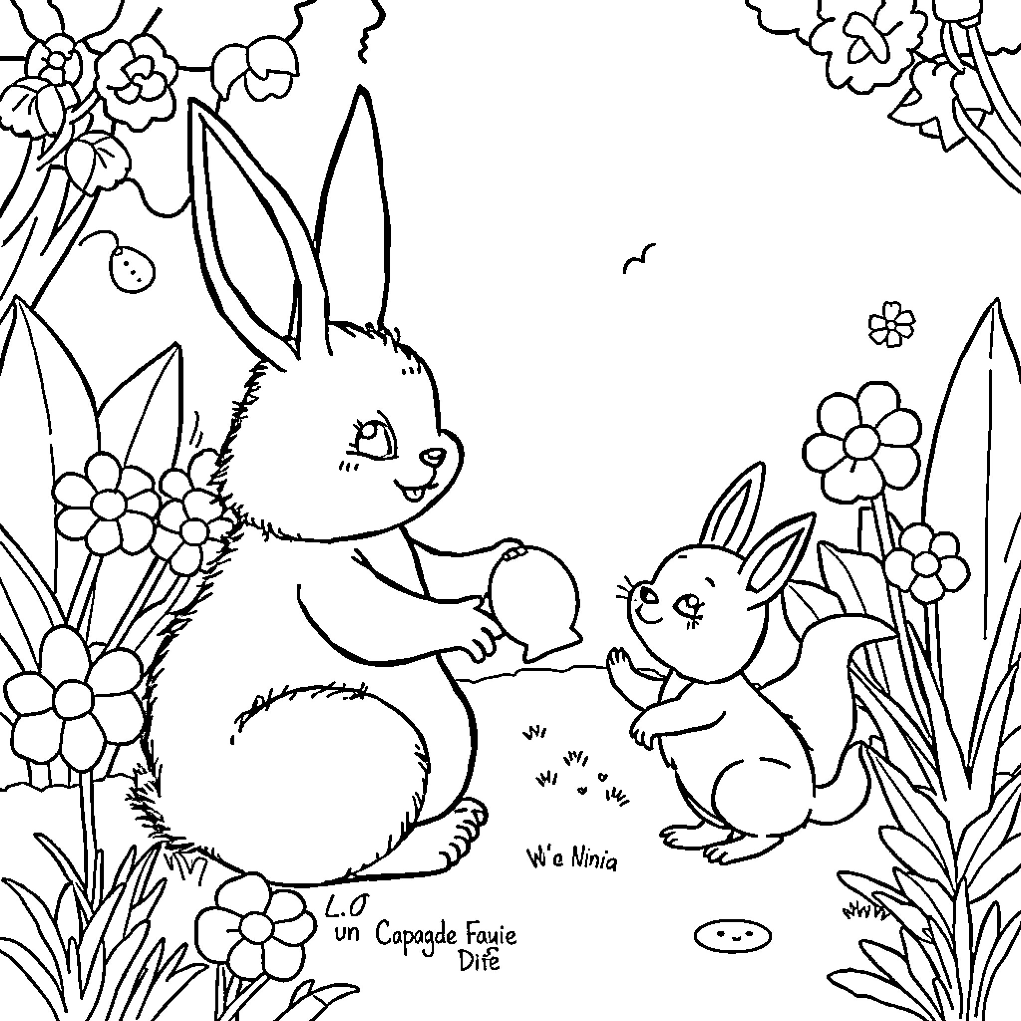 Rabbit siblings enjoying flowers in the garden Coloring Page (free black-and-white line drawing printable PDF for all, from beginners to advanced learners, including children, teens, adults, and seniors)