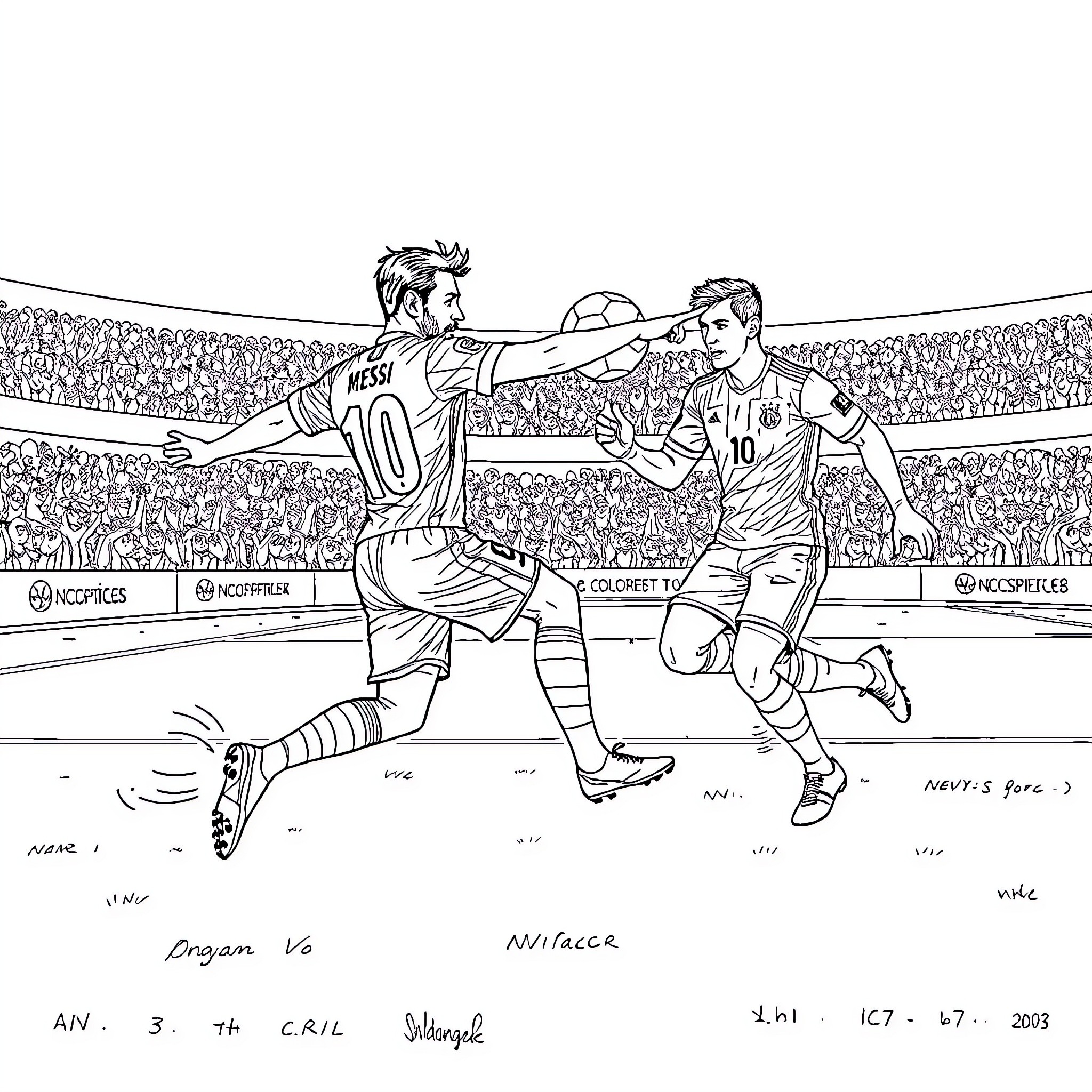 Messi's intense soccer match with opponent Coloring Page (free black-and-white line drawing printable PDF for all, from beginners to advanced learners, including children, teens, adults, and seniors)