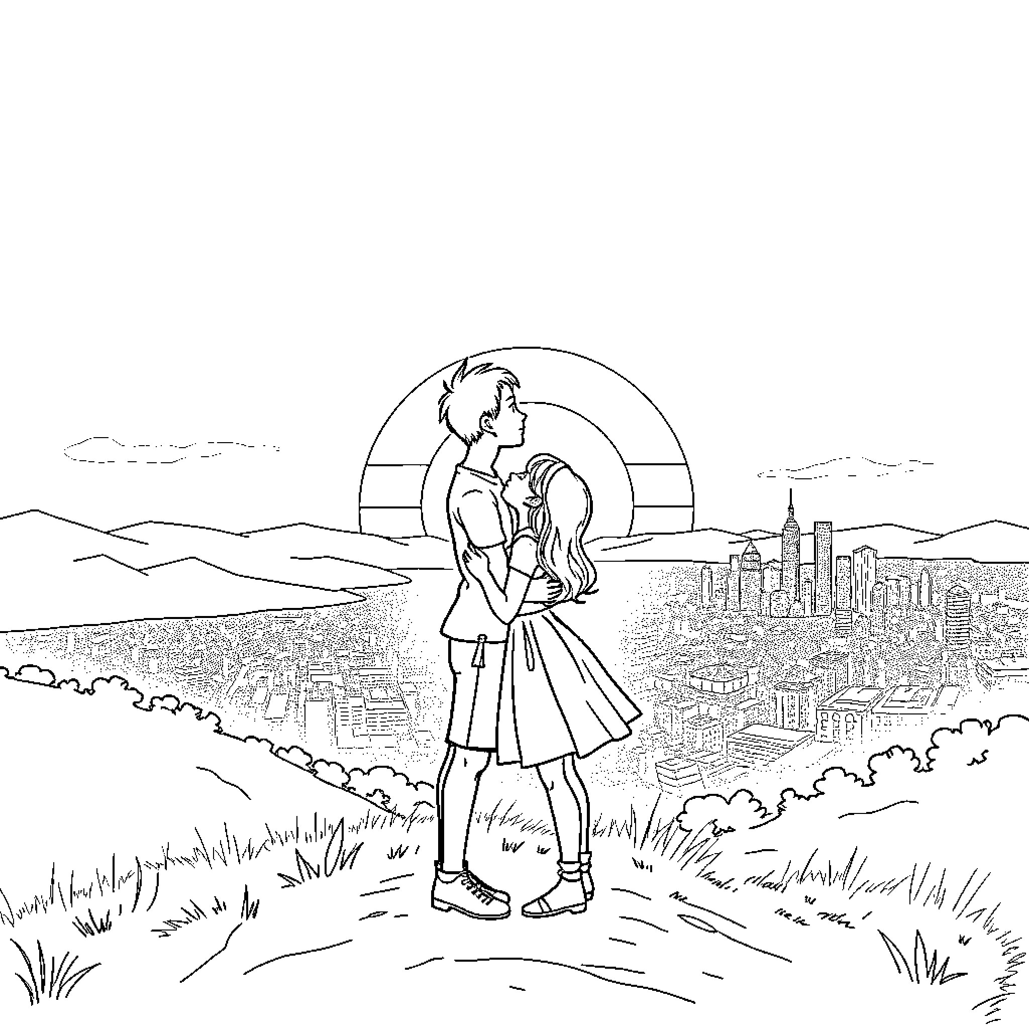 Kiss under the Moonlight over the City Coloring Page (free black-and-white line drawing printable PDF for all, from beginners to advanced learners, including children, teens, adults, and seniors)