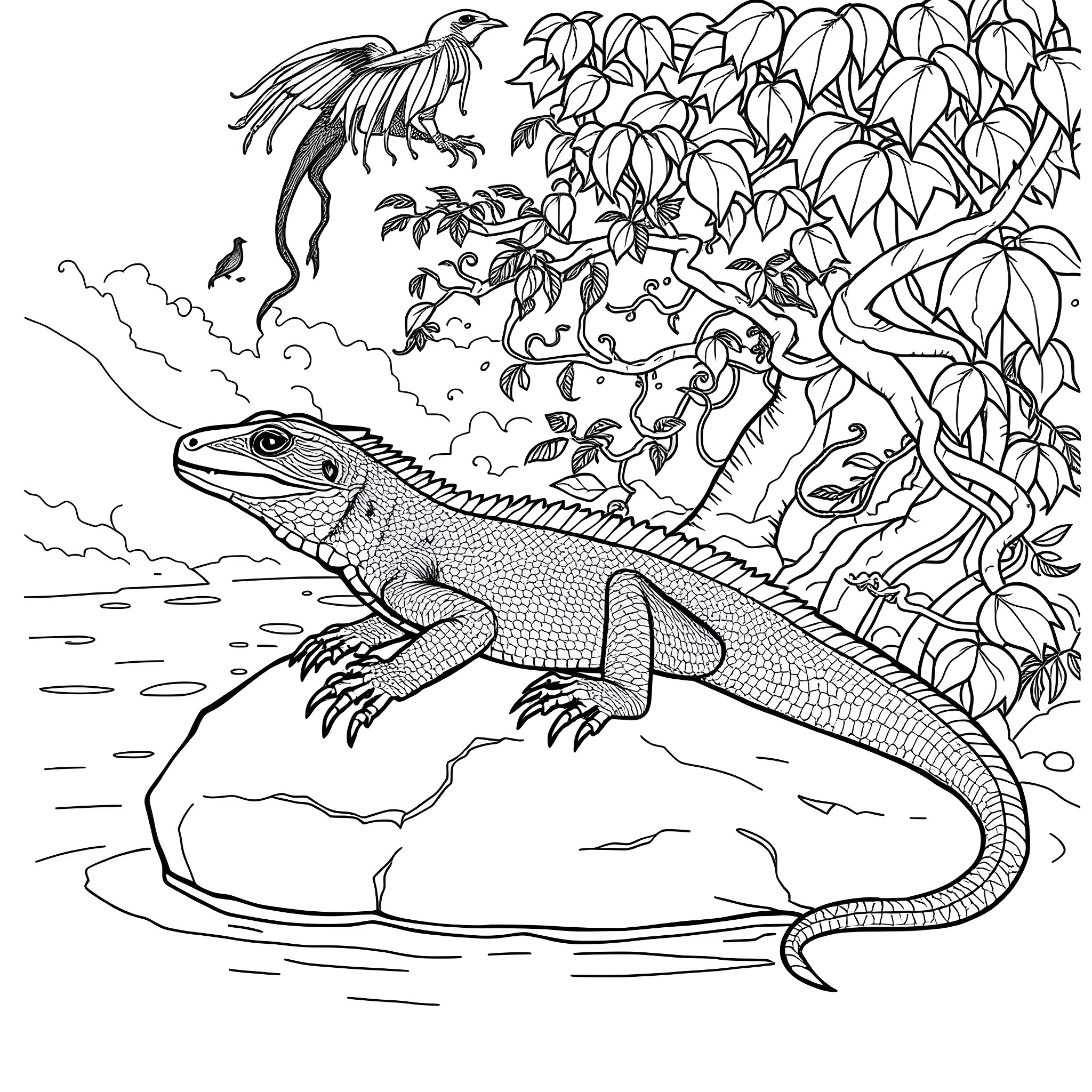 Komodo Dragon Basking in the Tropical Foliage Coloring Page (free black-and-white line drawing printable PDF for all, from beginners to advanced learners, including children, teens, adults, and seniors)