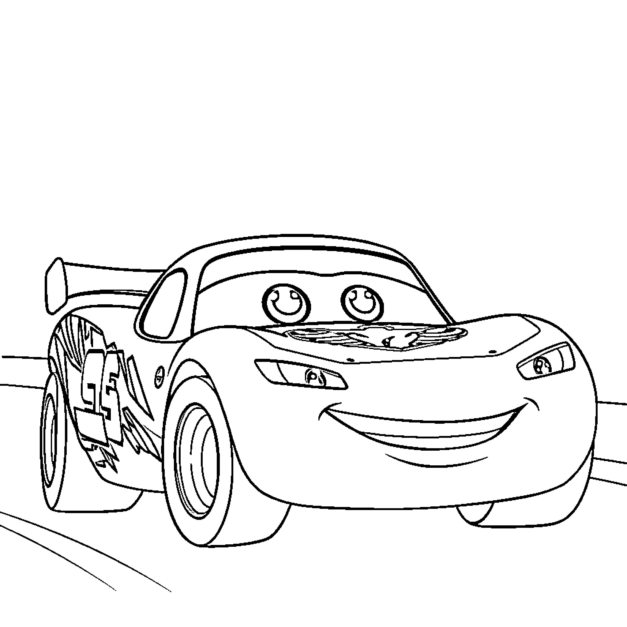 Lightning McQueen speeding down the track with excitement Coloring Page (free black-and-white line drawing printable PDF for all, from beginners to advanced learners, including children, teens, adults, and seniors)