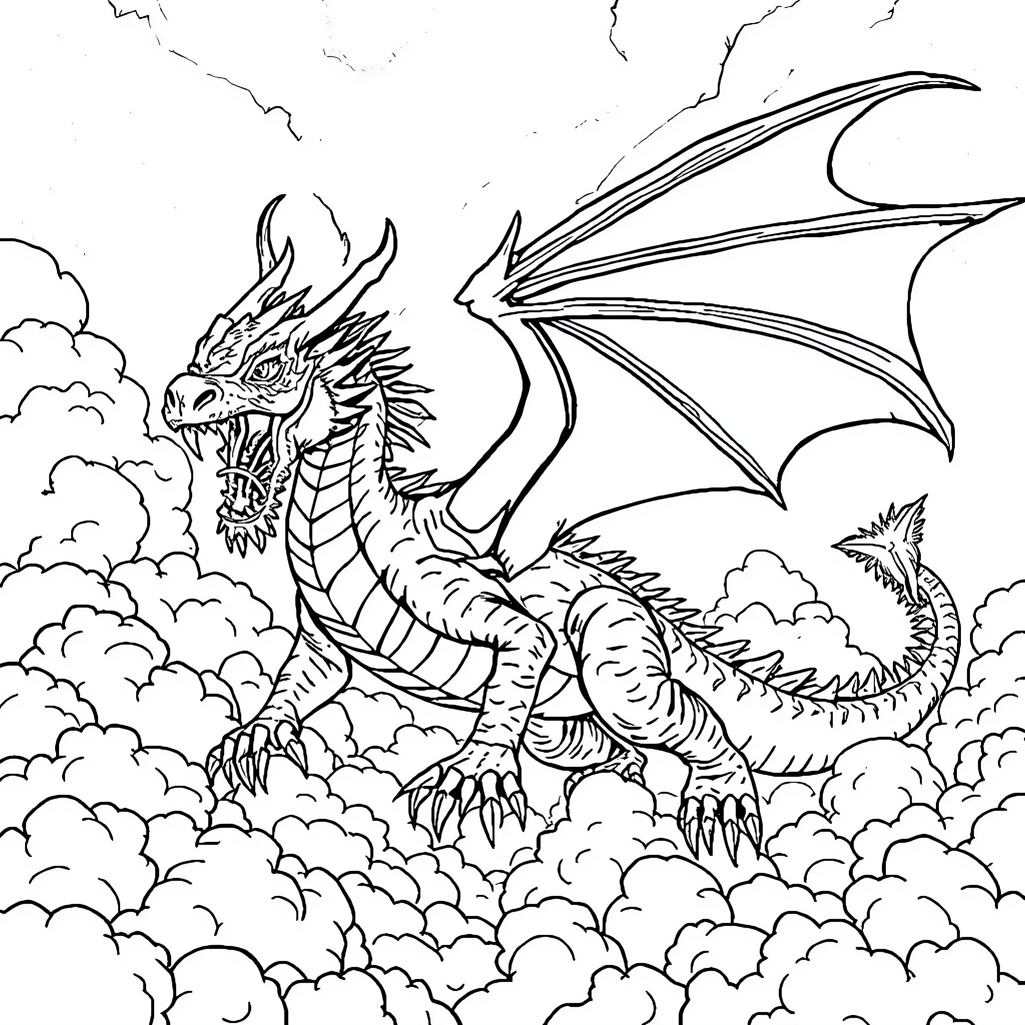 Dragon soaring through the cloudy skies Coloring Page (free black-and-white line drawing printable PDF for all, from beginners to advanced learners, including children, teens, adults, and seniors)