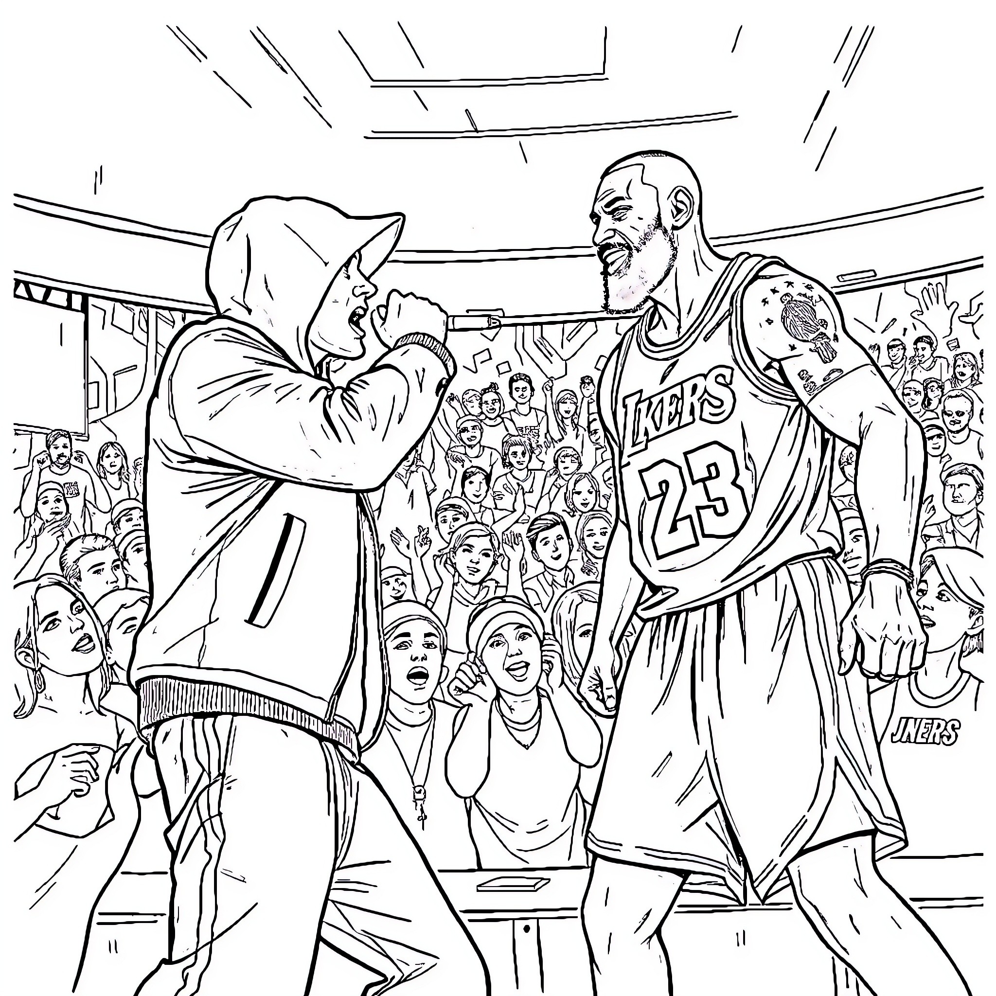 Eminem meets basketball star in packed stadium Coloring Page (free black-and-white line drawing printable PDF for all, from beginners to advanced learners, including children, teens, adults, and seniors)