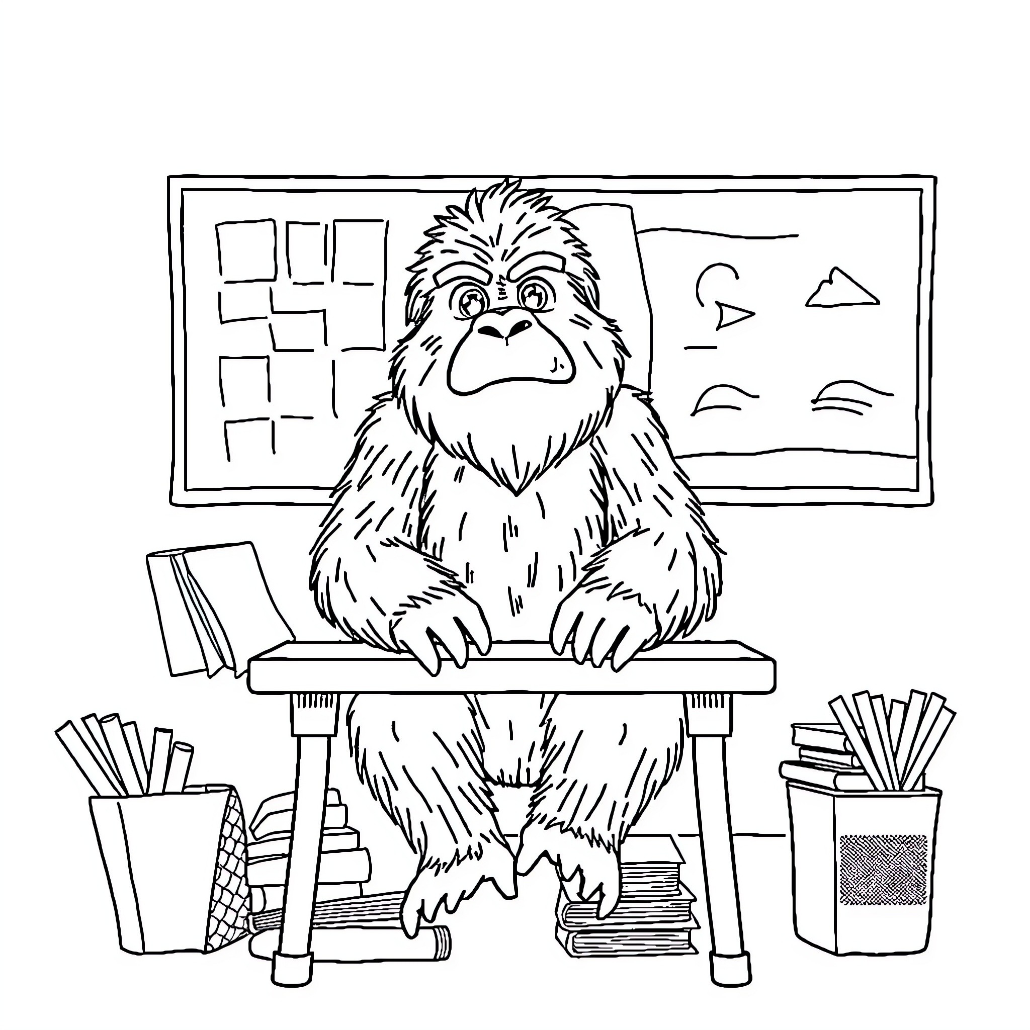 Sasquatch working diligently at a desk Coloring Page (free black-and-white line drawing printable PDF for all, from beginners to advanced learners, including children, teens, adults, and seniors)
