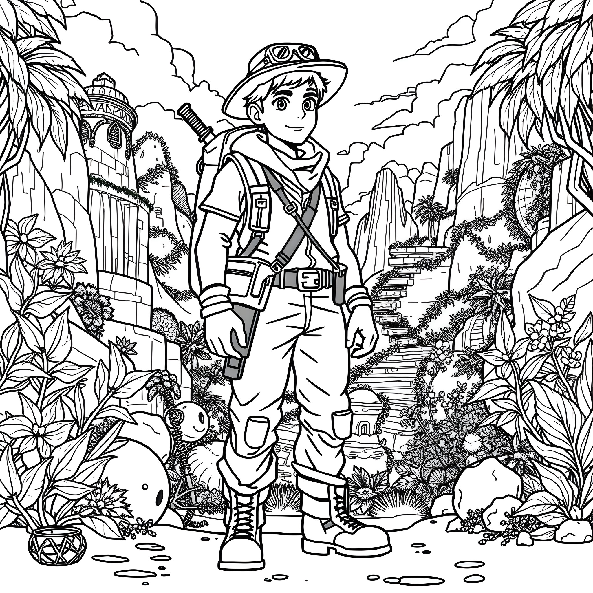 Garrett Numi's Adventure in the Tropical Jungle Coloring Page (free black-and-white line drawing printable PDF for all, from beginners to advanced learners, including children, teens, adults, and seniors)