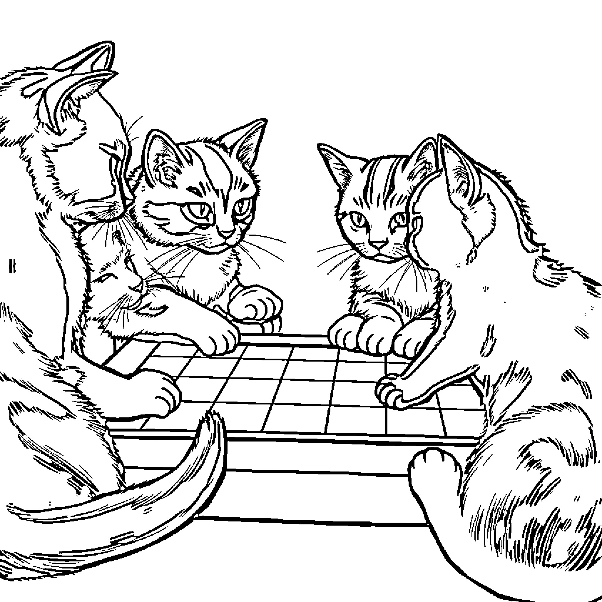Cats playing an intense game of chess Coloring Page (free black-and-white line drawing printable PDF for all, from beginners to advanced learners, including children, teens, adults, and seniors)