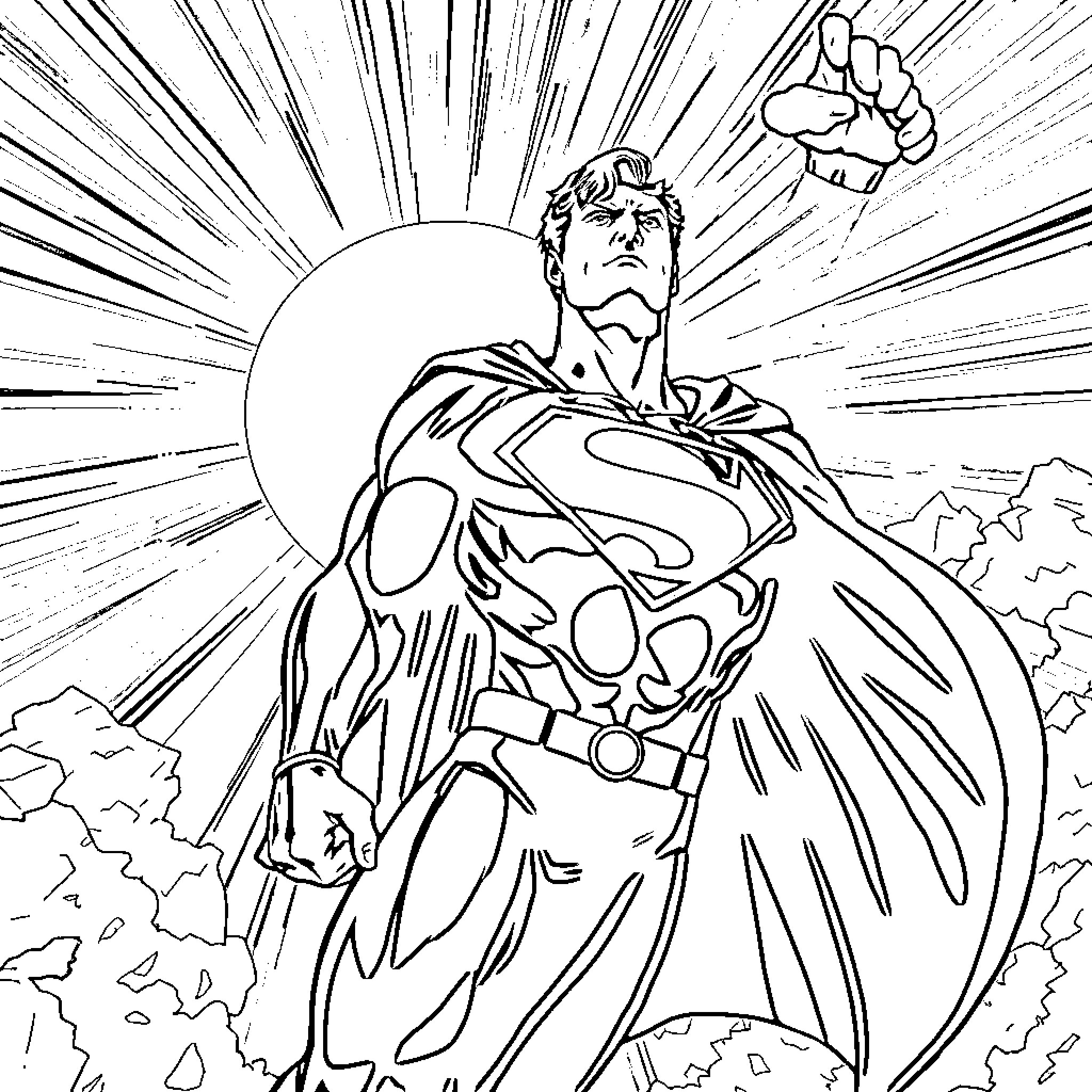 Superman heroically soaring through the sky Coloring Page (free black-and-white line drawing printable PDF for all, from beginners to advanced learners, including children, teens, adults, and seniors)