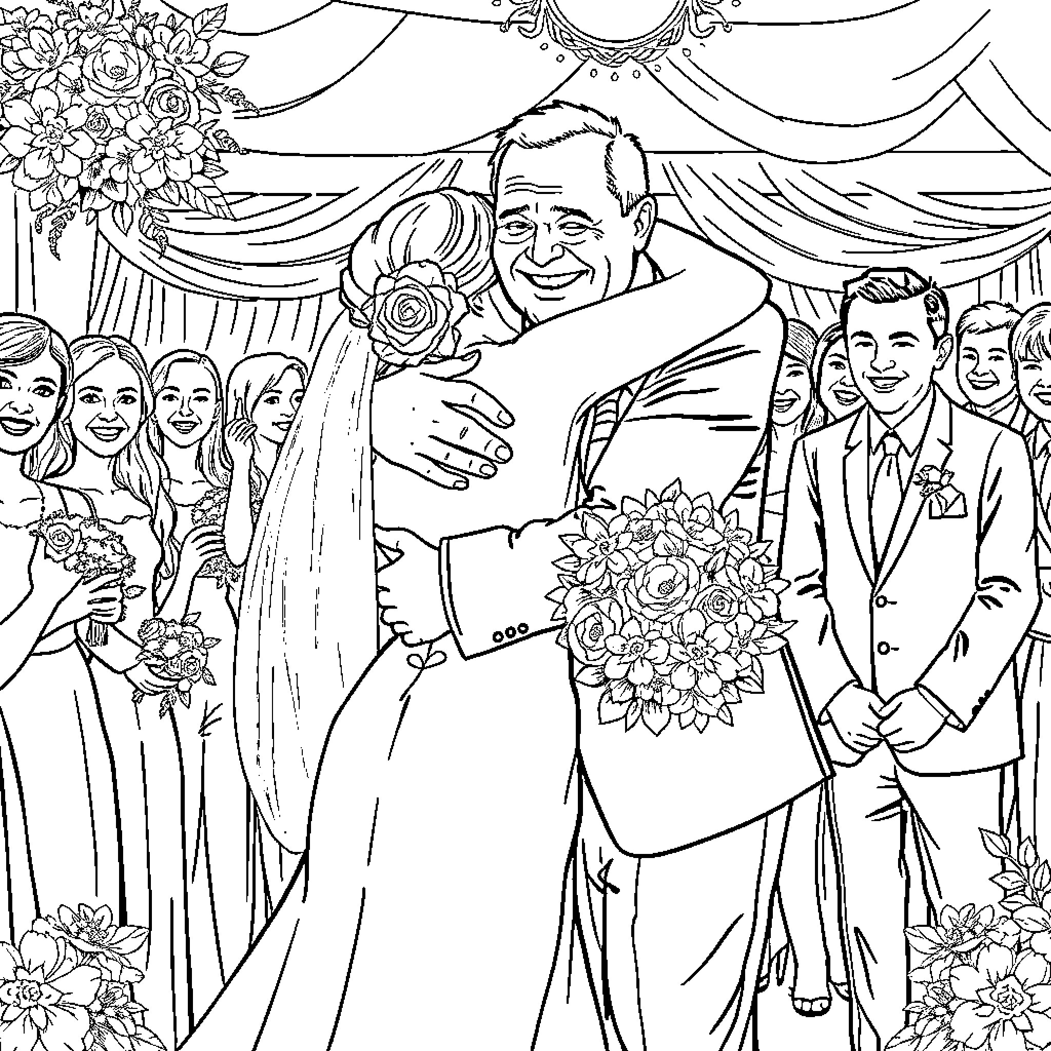 Dad and bride embrace at a festive wedding ceremony Coloring Page (free black-and-white line drawing printable PDF for all, from beginners to advanced learners, including children, teens, adults, and seniors)