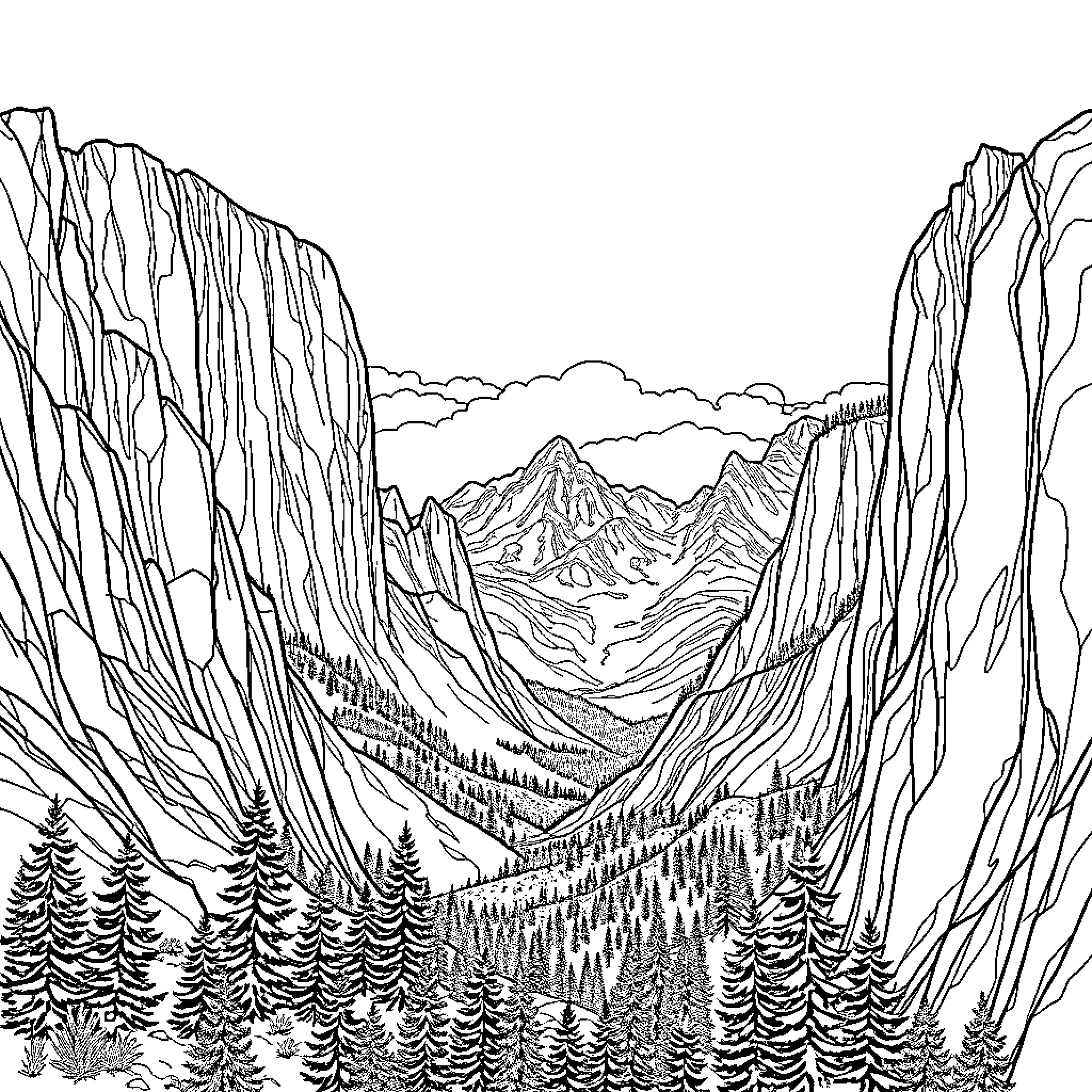 Mountain Landscape with Rocky Cliffs and Snowy Peaks Coloring Page (free black-and-white line drawing printable PDF for all, from beginners to advanced learners, including children, teens, adults, and seniors)