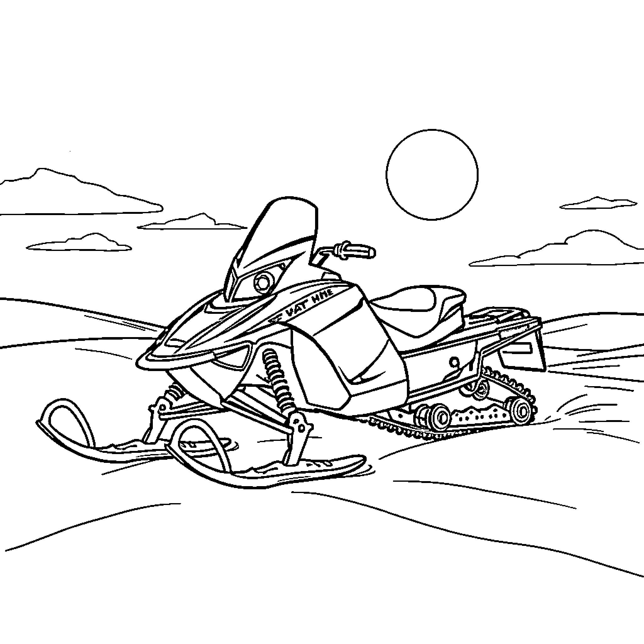 Snowmobile riding through snowy landscapes Coloring Page (free black-and-white line drawing printable PDF for all, from beginners to advanced learners, including children, teens, adults, and seniors)