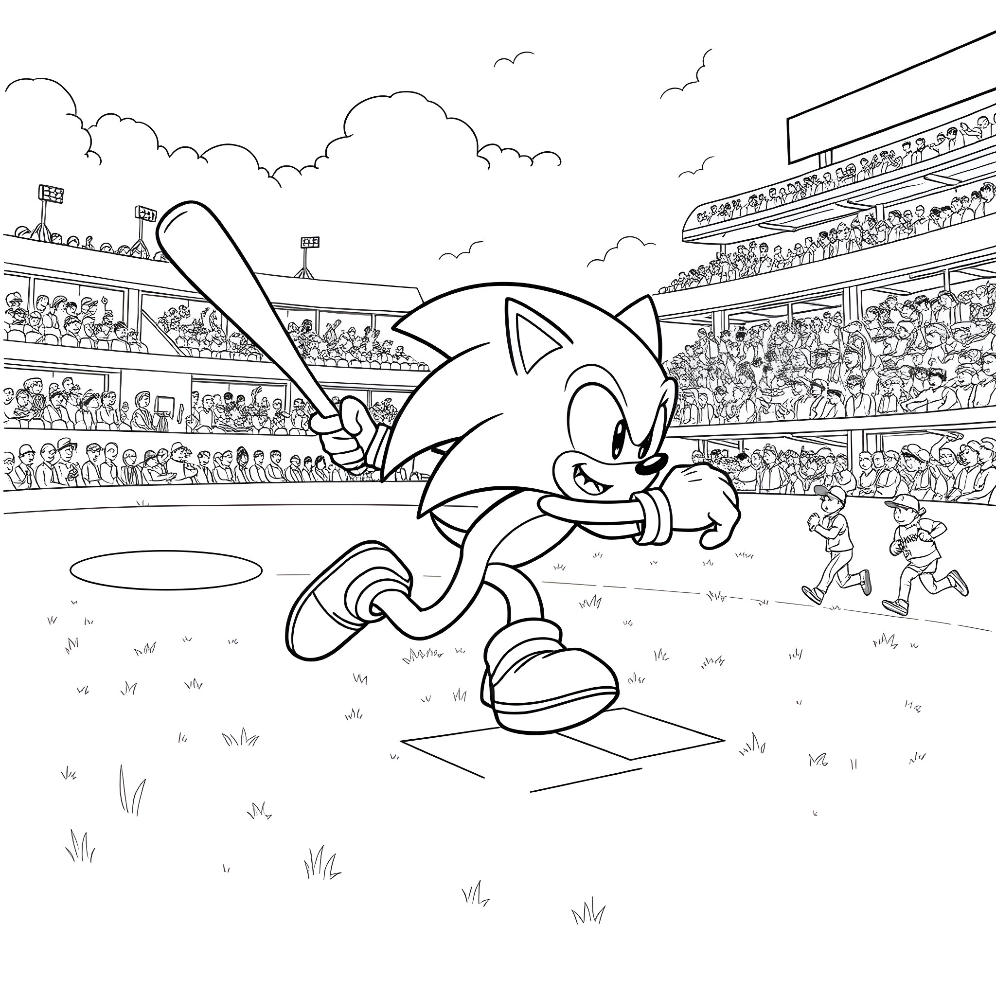 Sonic running on the baseball field with the crowd Coloring Page (free black-and-white line drawing printable PDF for all, from beginners to advanced learners, including children, teens, adults, and seniors)