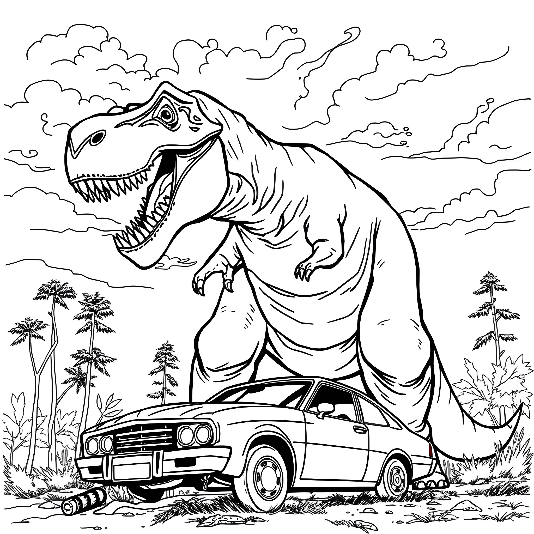 Dinosaur chasing a car in the jungle Coloring Page (free black-and-white line drawing printable PDF for all, from beginners to advanced learners, including children, teens, adults, and seniors)