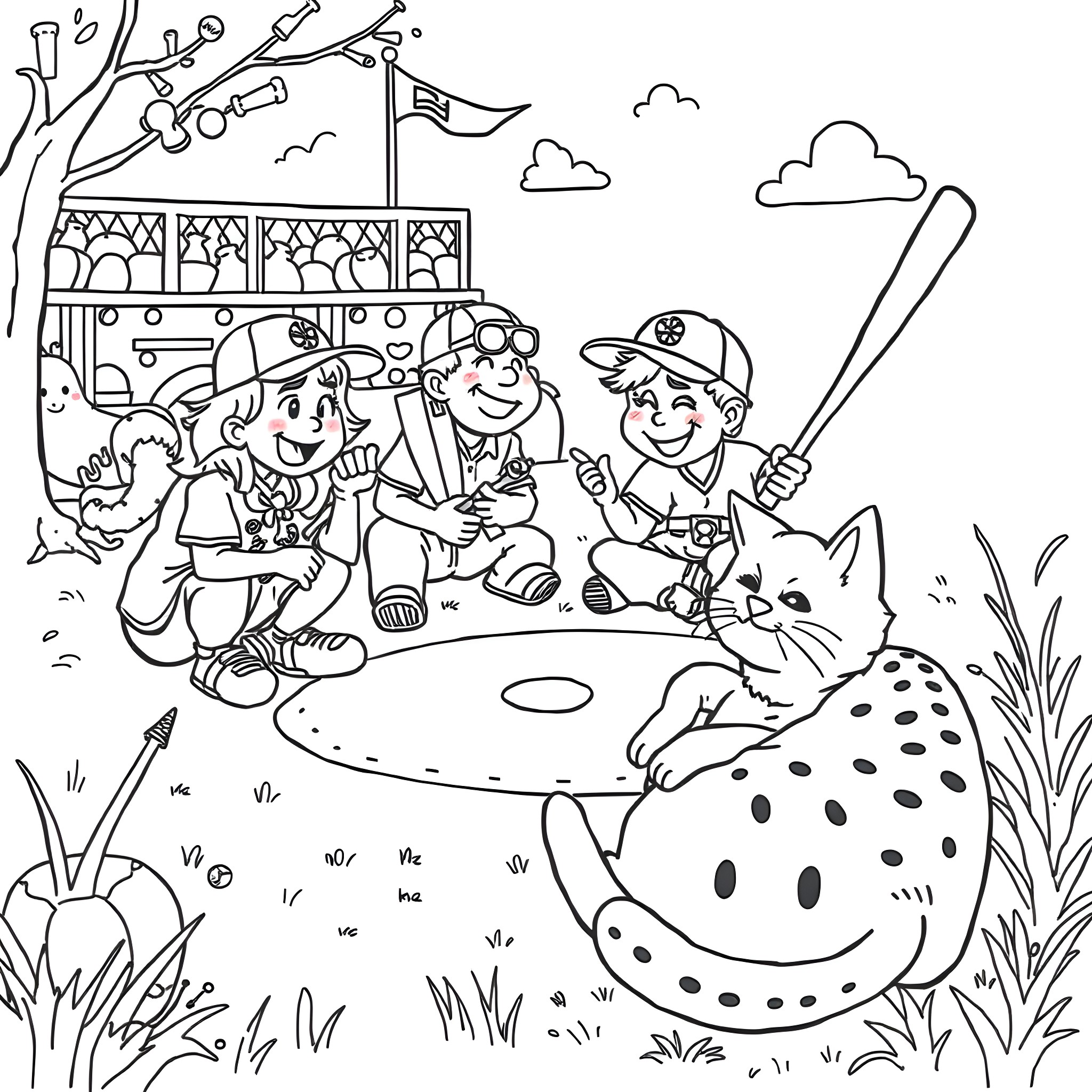 Catnap at the Baseball Game Coloring Page (free black-and-white line drawing printable PDF for all, from beginners to advanced learners, including children, teens, adults, and seniors)