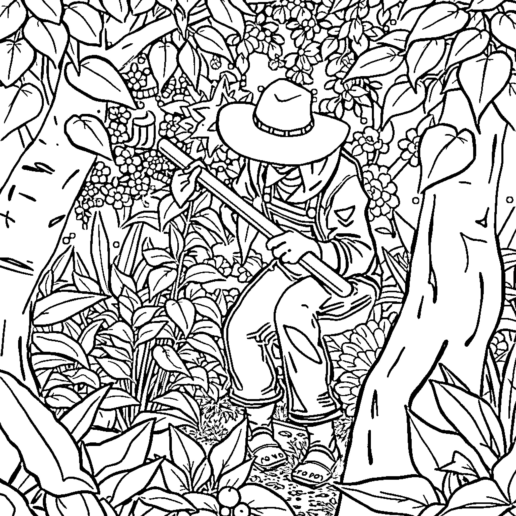 Plant life with figure in nature Coloring Page (free black-and-white line drawing printable PDF for all, from beginners to advanced learners, including children, teens, adults, and seniors)
