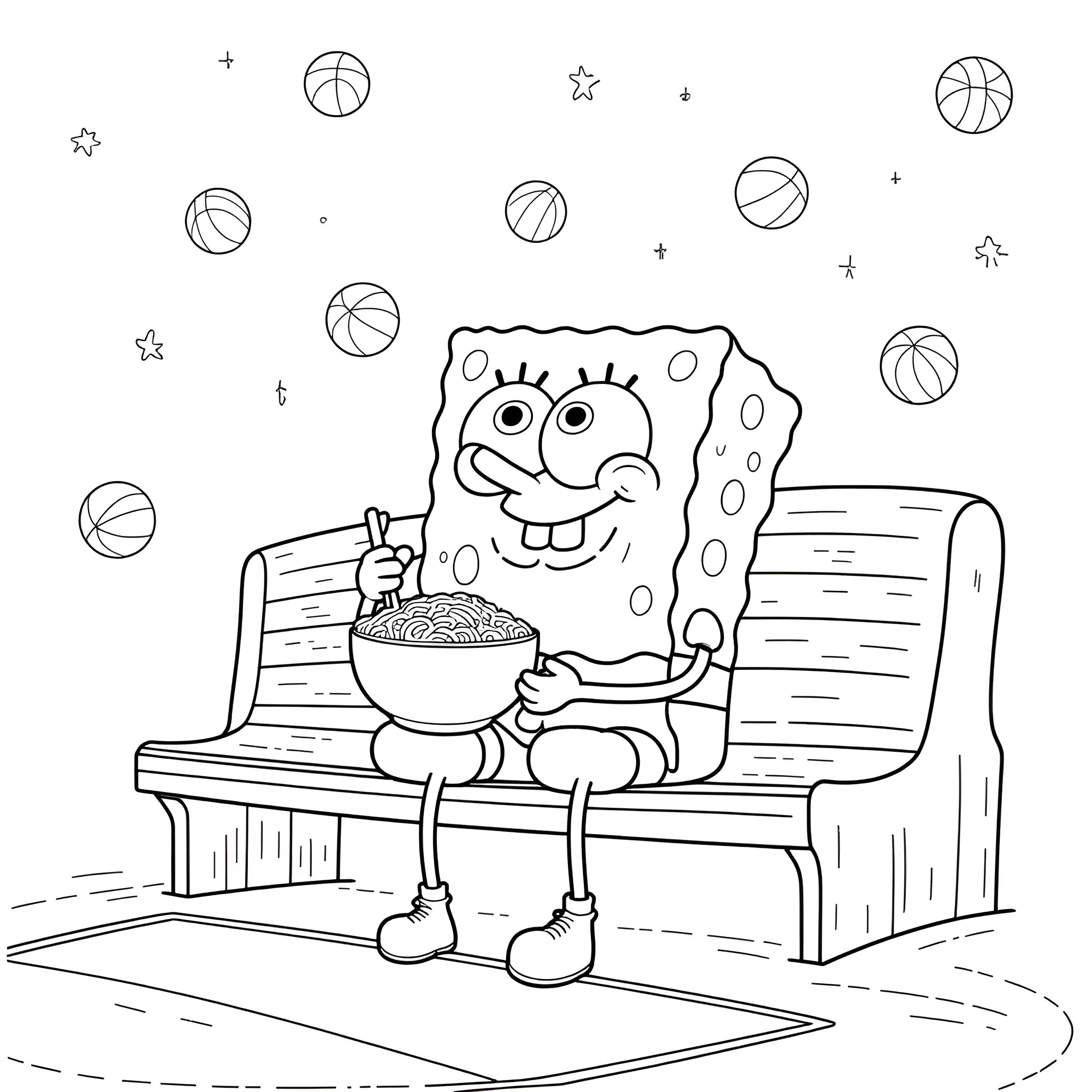 Spongebob enjoying a bowl of snacks on a bench surrounded by basketballs Coloring Page (free black-and-white line drawing printable PDF for all, from beginners to advanced learners, including children, teens, adults, and seniors)