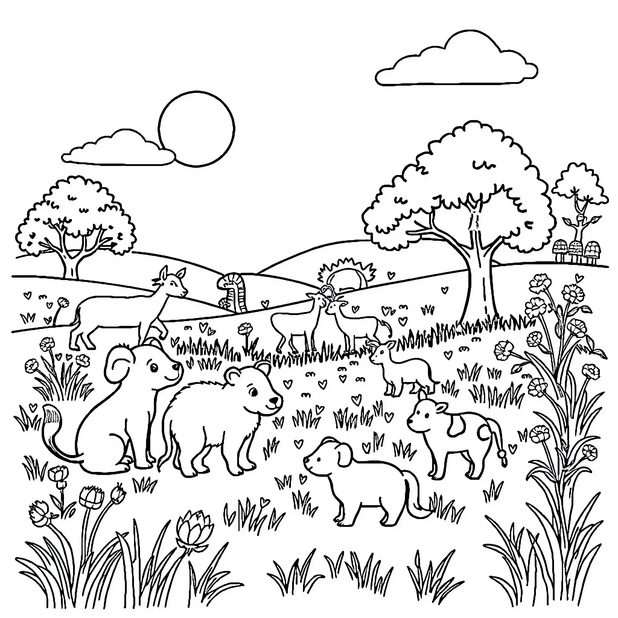 Animal characters in a peaceful nature scene Coloring Page (free black-and-white line drawing printable PDF for all, from beginners to advanced learners, including children, teens, adults, and seniors)