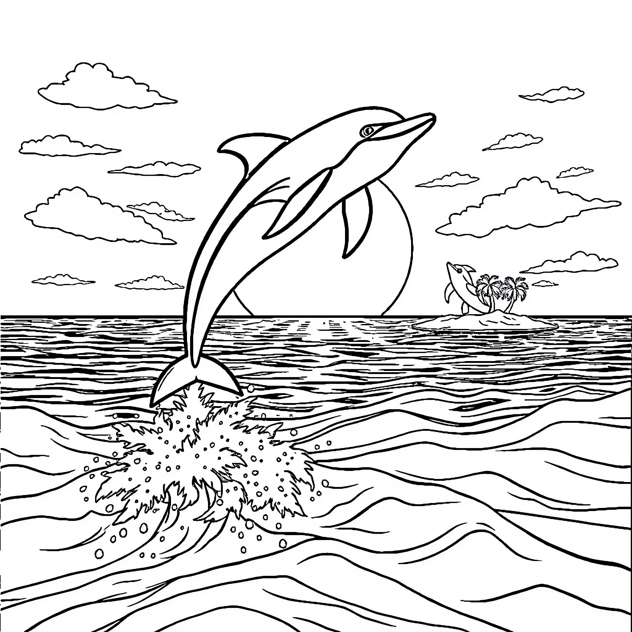 Dolphin leaping joyfully over ocean waves Coloring Page (free black-and-white line drawing printable PDF for all, from beginners to advanced learners, including children, teens, adults, and seniors)