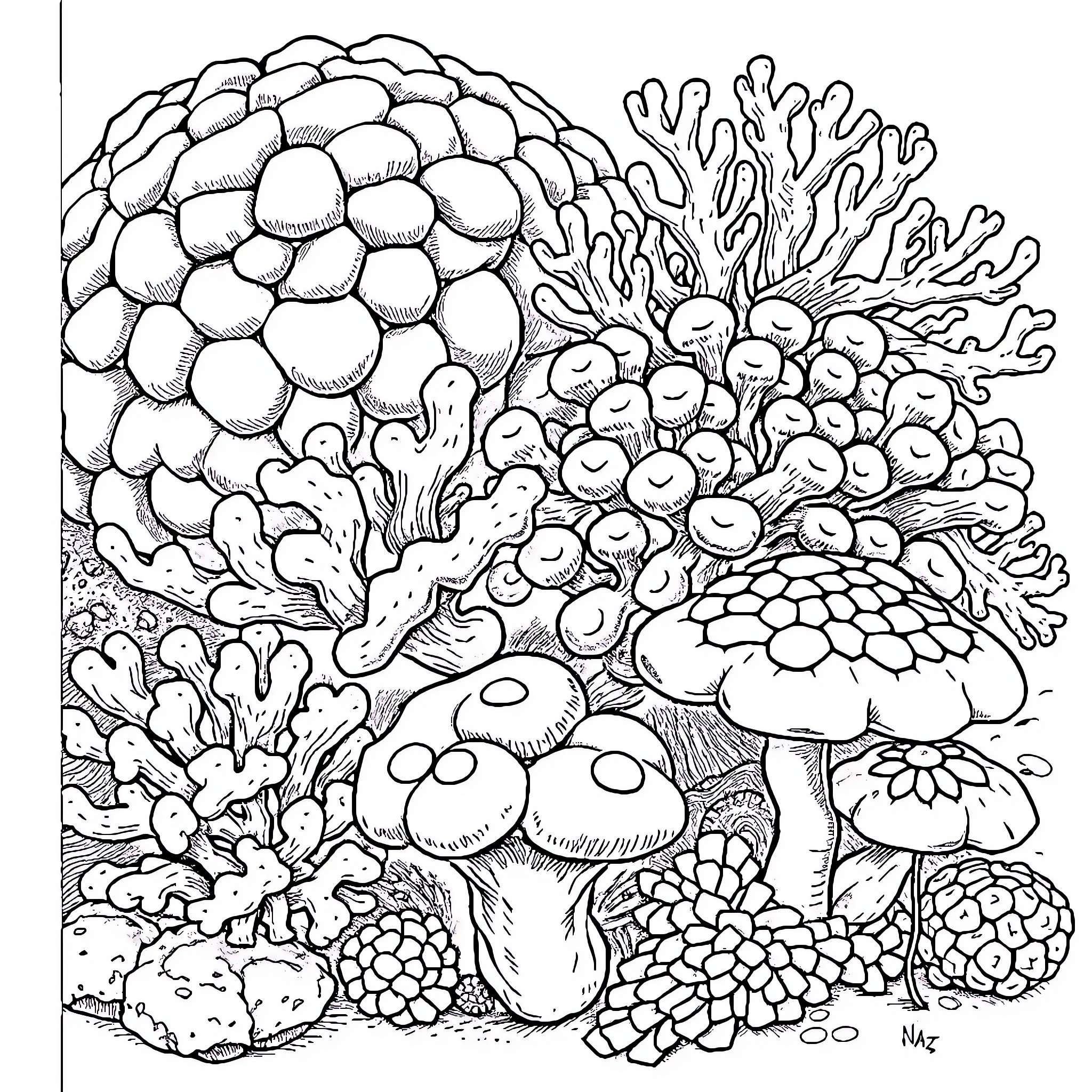 Coral Reef Teeming with Vibrant Marine Life Coloring Page (free black-and-white line drawing printable PDF for all, from beginners to advanced learners, including children, teens, adults, and seniors)