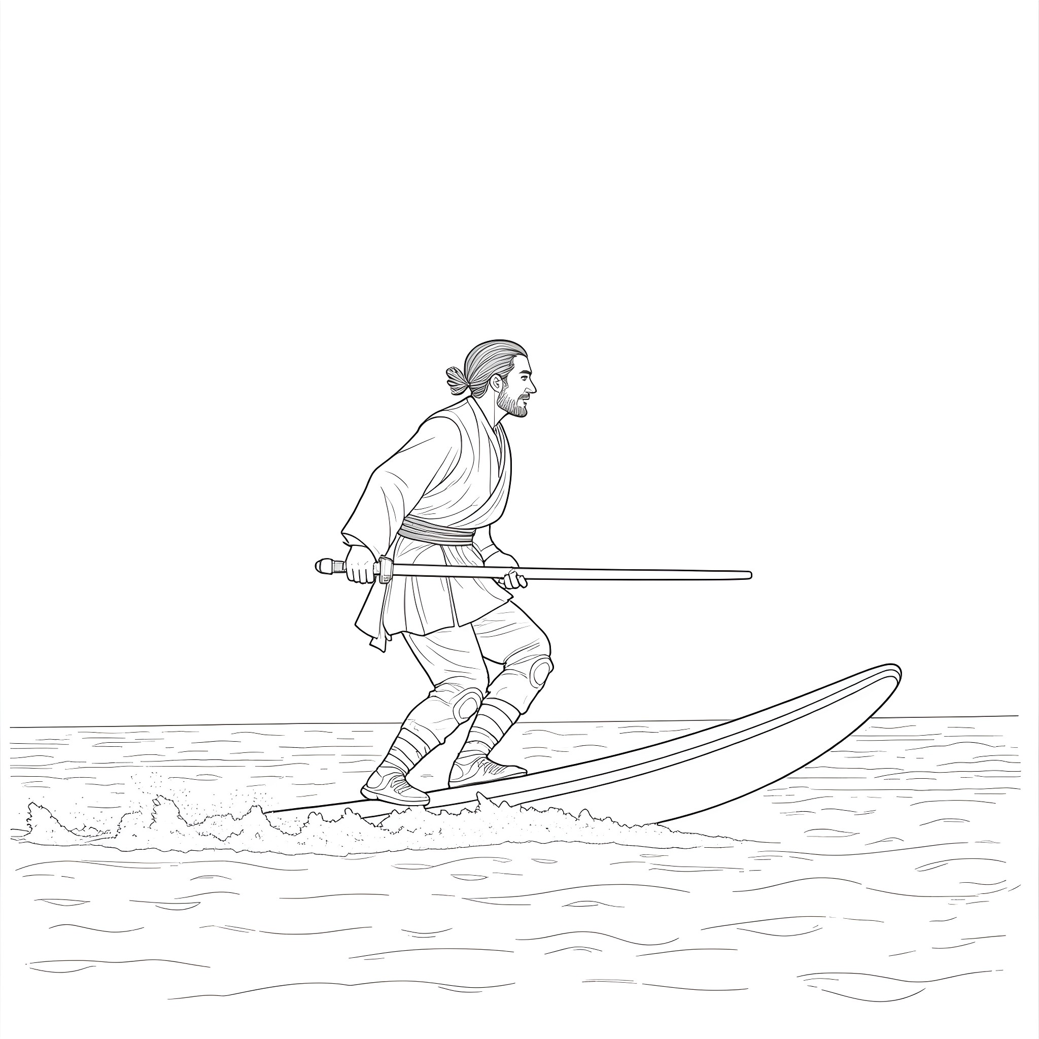 General Kenobi surfing the waves with Jedi precision Coloring Page (free black-and-white line drawing printable PDF for all, from beginners to advanced learners, including children, teens, adults, and seniors)