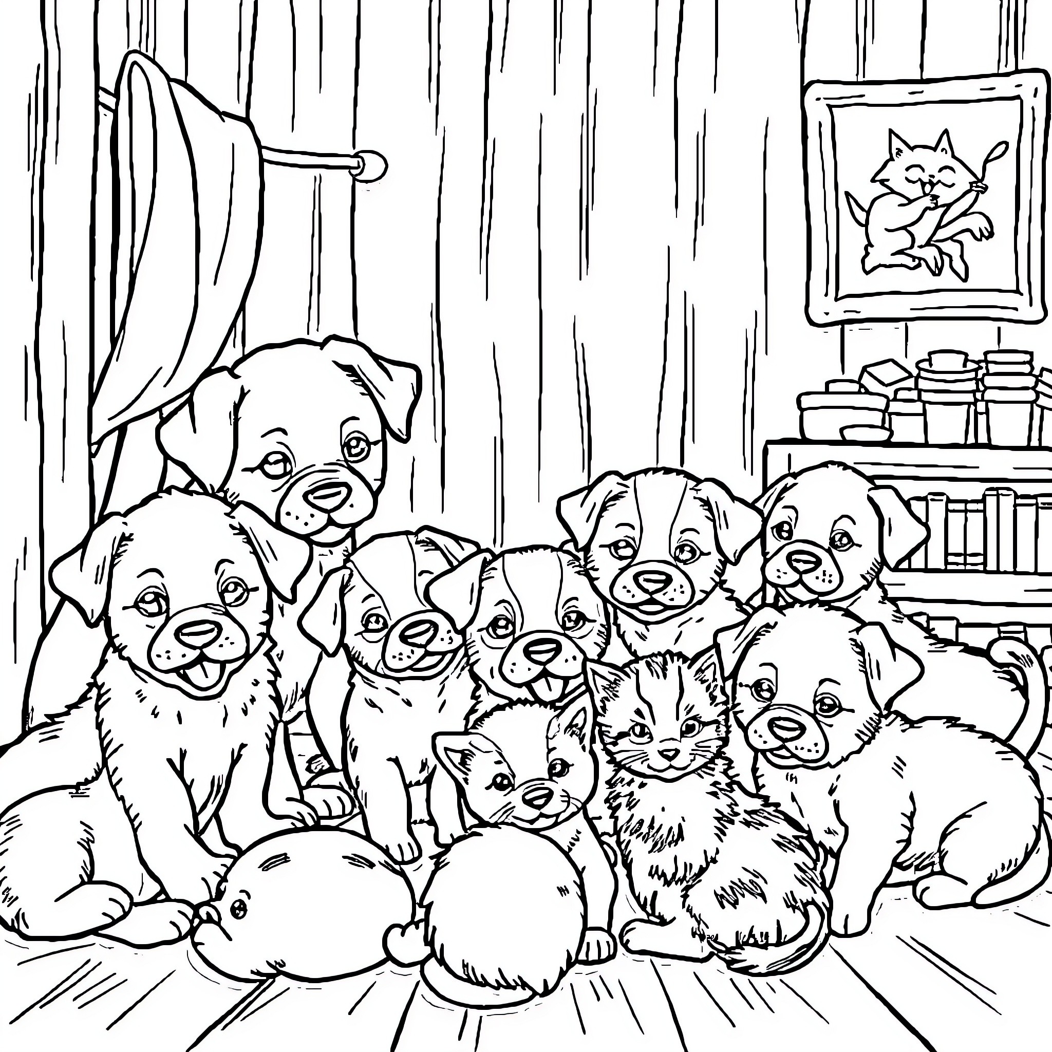 Puppy and Kitten Gather in Cozy Home Coloring Page (free black-and-white line drawing printable PDF for all, from beginners to advanced learners, including children, teens, adults, and seniors)