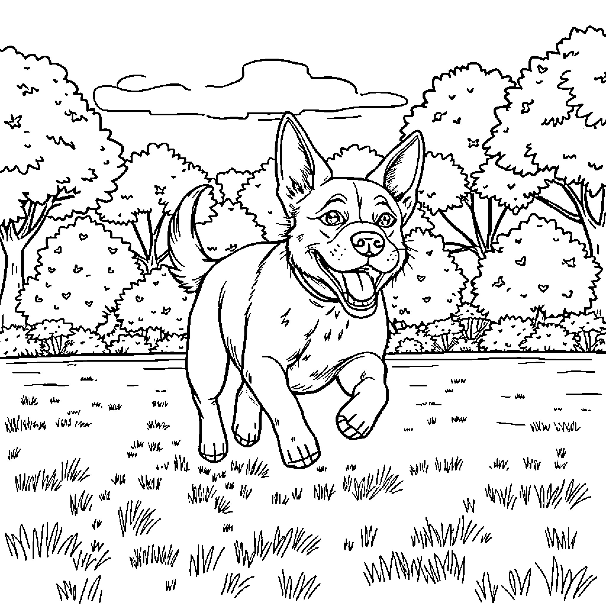 Dog enjoying outdoor nature scene Coloring Page (free black-and-white line drawing printable PDF for all, from beginners to advanced learners, including children, teens, adults, and seniors)