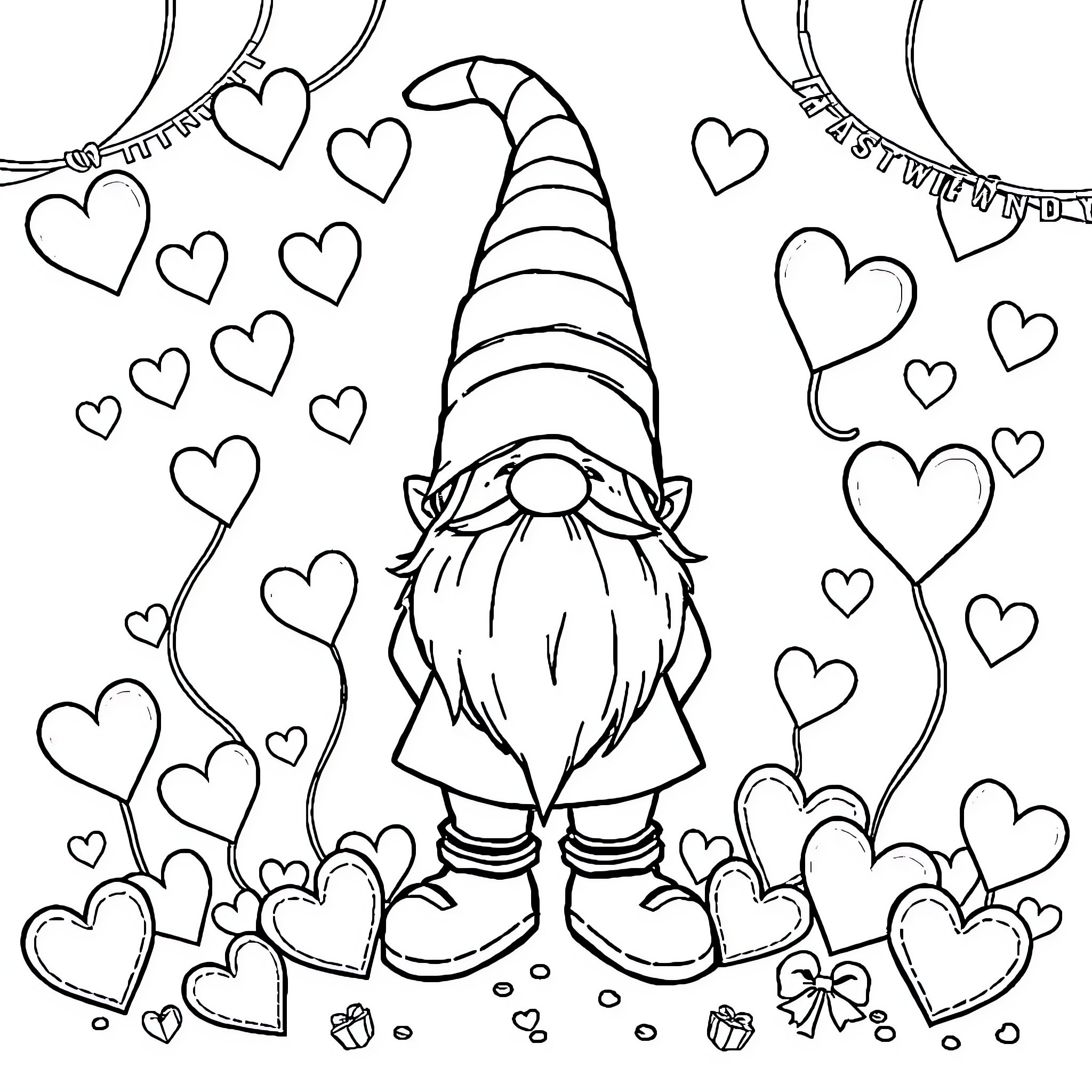Gnome surrounded by hearts and decorations Coloring Page (free black-and-white line drawing printable PDF for all, from beginners to advanced learners, including children, teens, adults, and seniors)