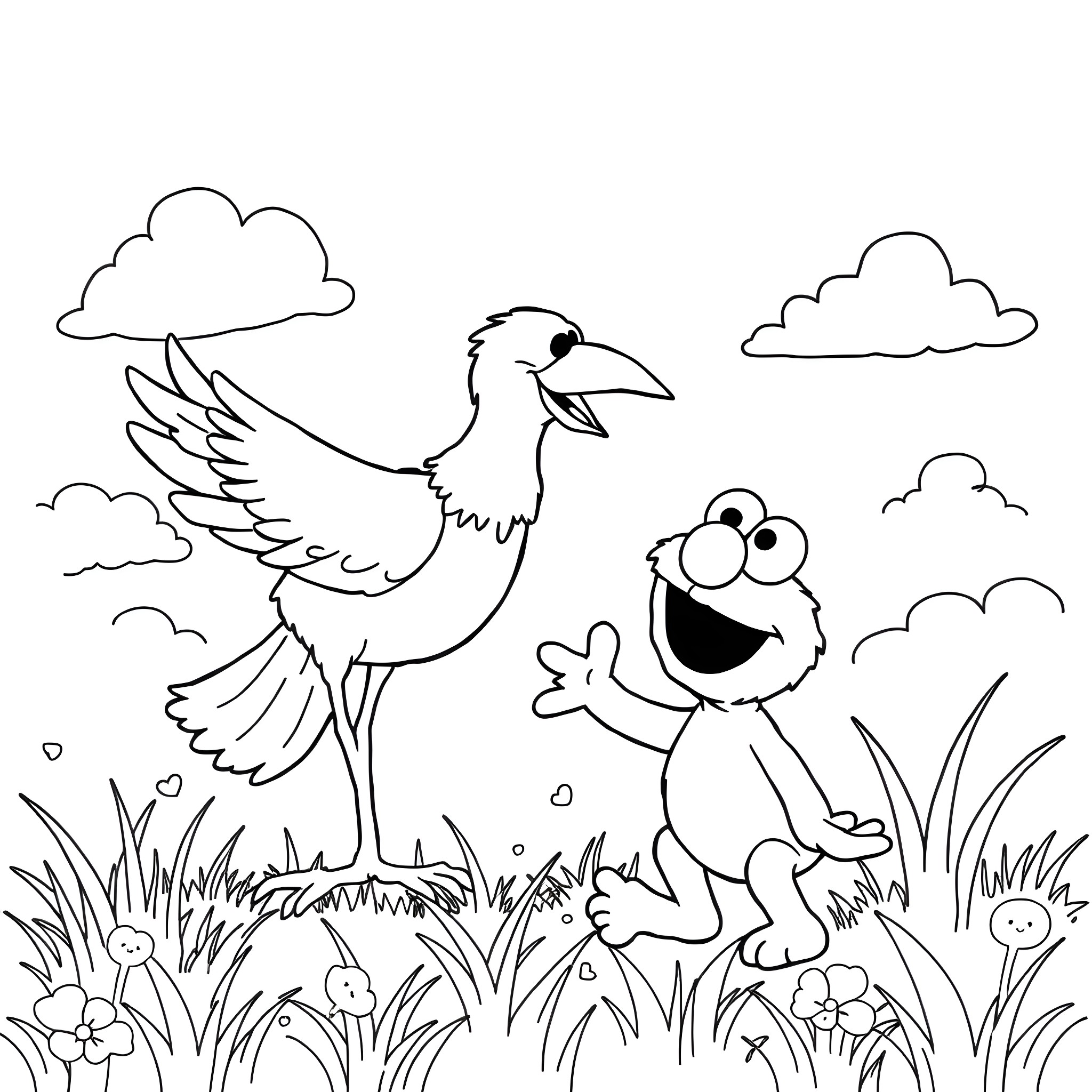 Bird soaring in the sky with a playful friend Coloring Page (free black-and-white line drawing printable PDF for all, from beginners to advanced learners, including children, teens, adults, and seniors)