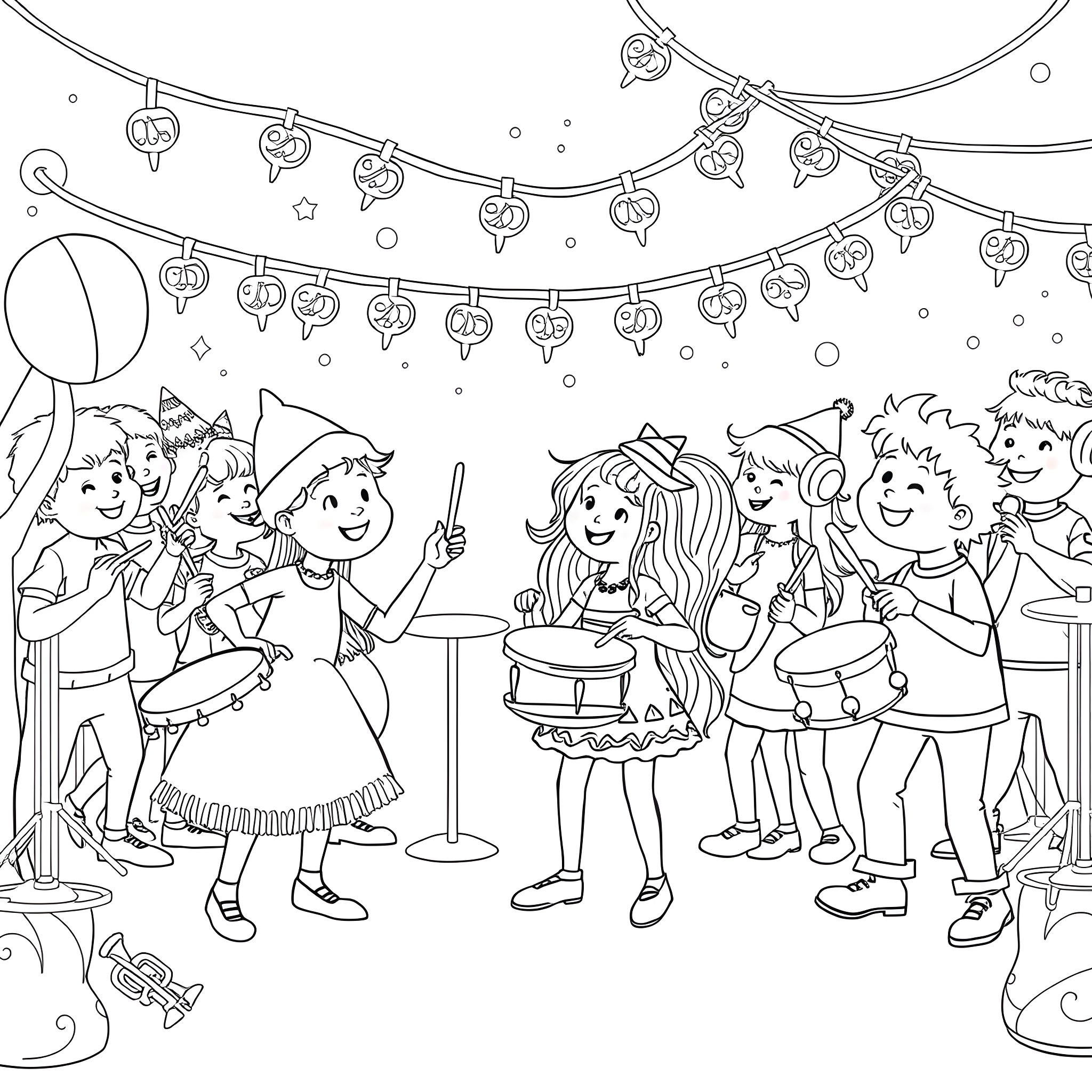Tung's Celebratory Gathering with Friends Coloring Page (free black-and-white line drawing printable PDF for all, from beginners to advanced learners, including children, teens, adults, and seniors)