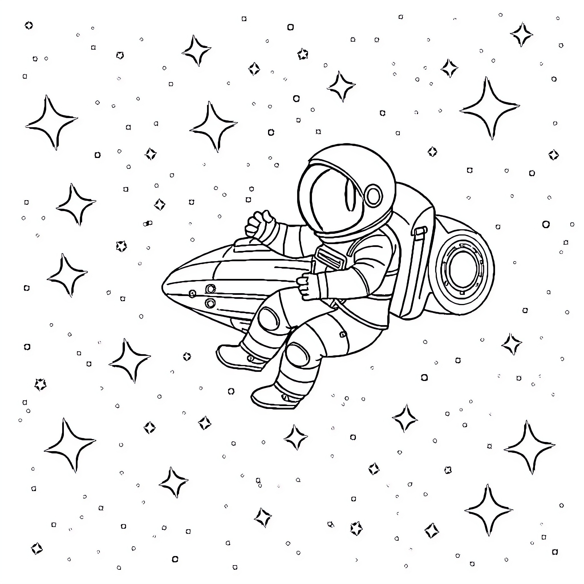 Starship astronaut exploring the cosmos Coloring Page (free black-and-white line drawing printable PDF for all, from beginners to advanced learners, including children, teens, adults, and seniors)