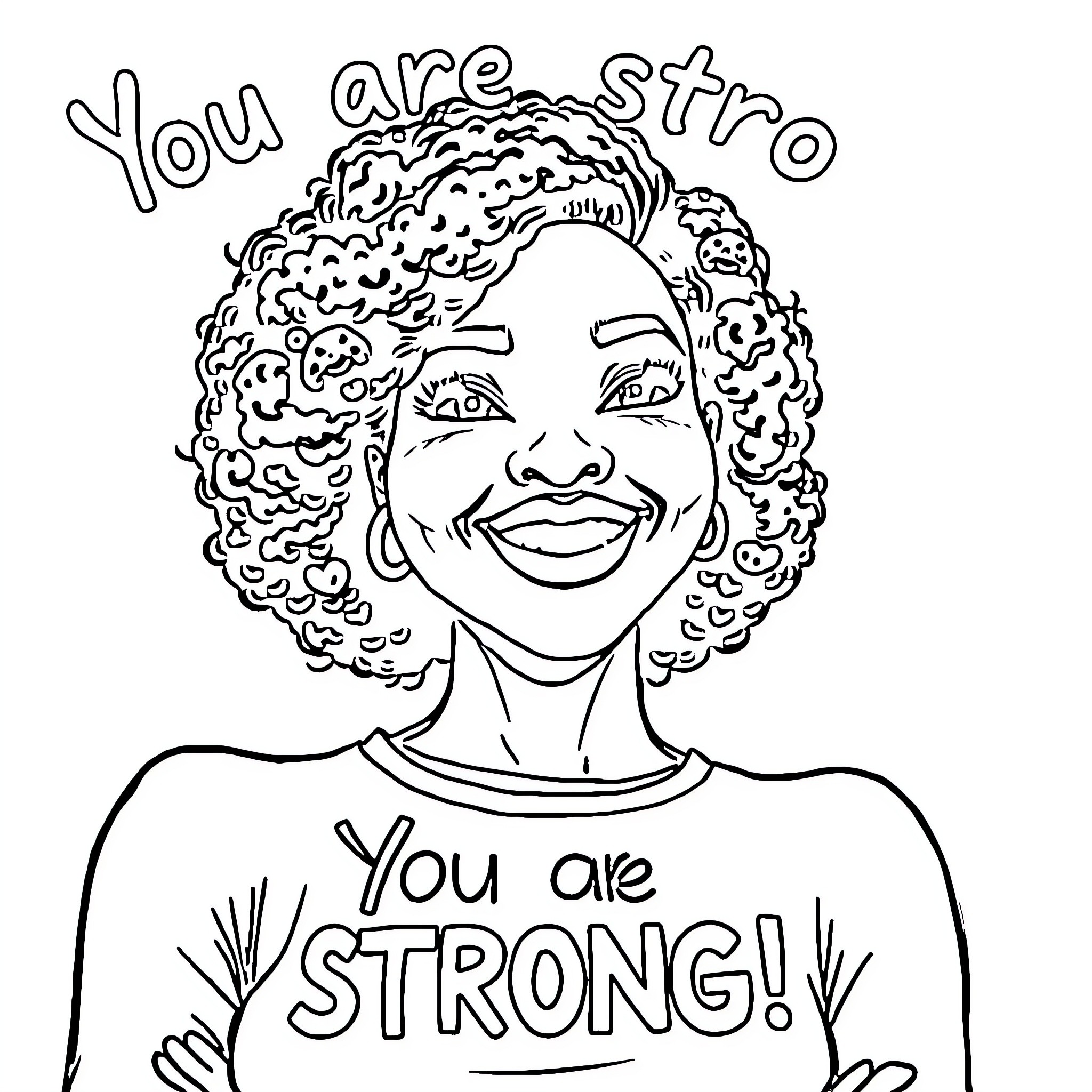 Woman expressing positivity and strength Coloring Page (free black-and-white line drawing printable PDF for all, from beginners to advanced learners, including children, teens, adults, and seniors)